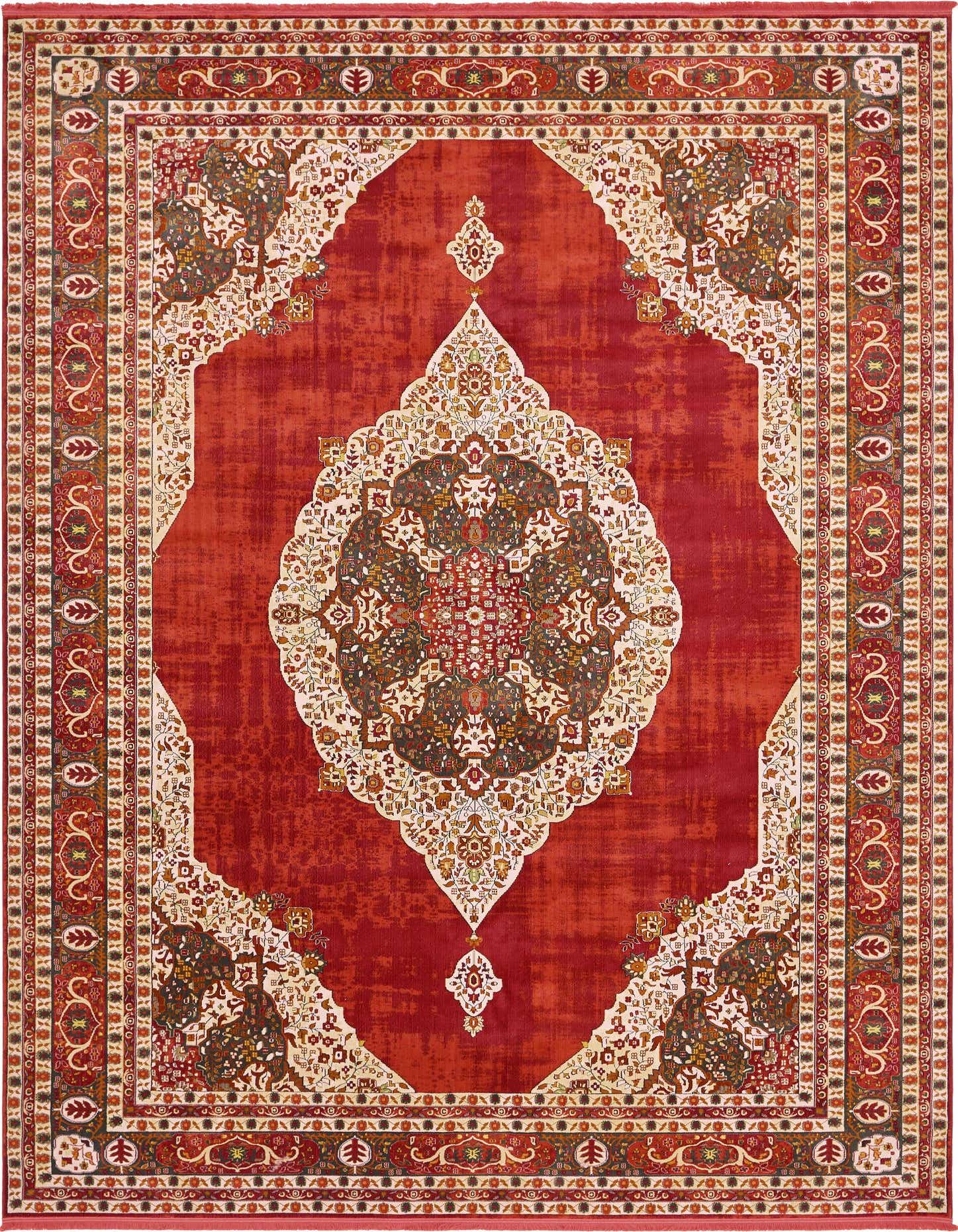 A 10x13 rectangular red area rug with a large central medallion and intricate traditional patterns in cream, brown, and gold.