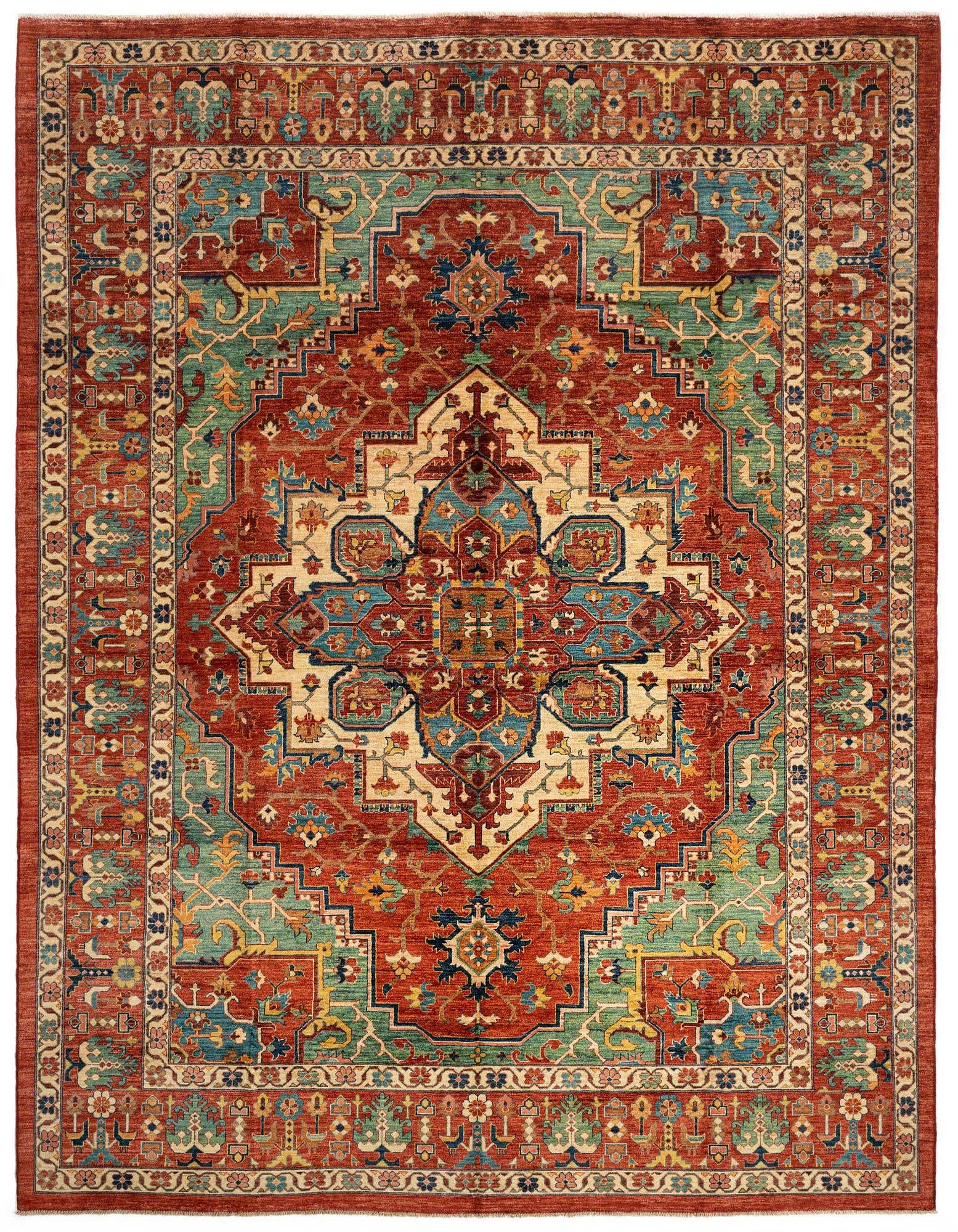 A 10x13 rectangular Persian rug in rich reds, blues, and teal with an intricate medallion pattern.