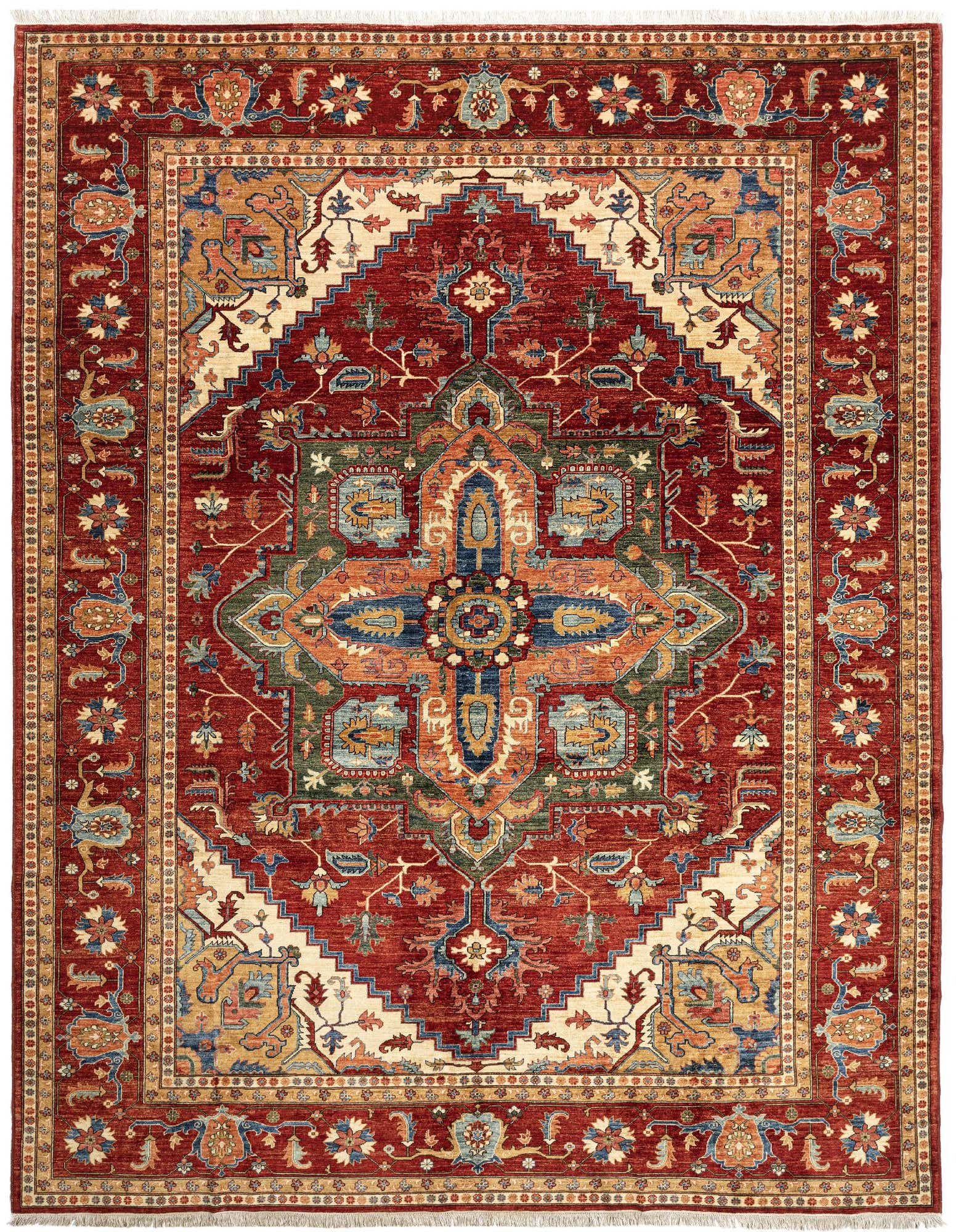 A 10x13 rectangular Rugs.com Sara Persian rug in rich reds with intricate traditional patterns and a central medallion.