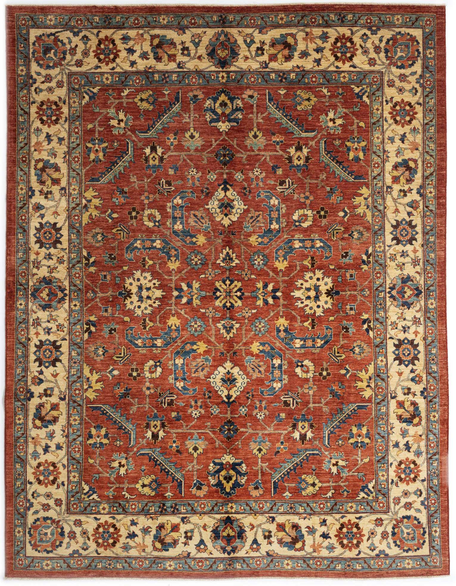 A rectangular 8x11 Sara Collection Persian rug in shades of red, blue, and beige, featuring intricate floral and geometric patterns.