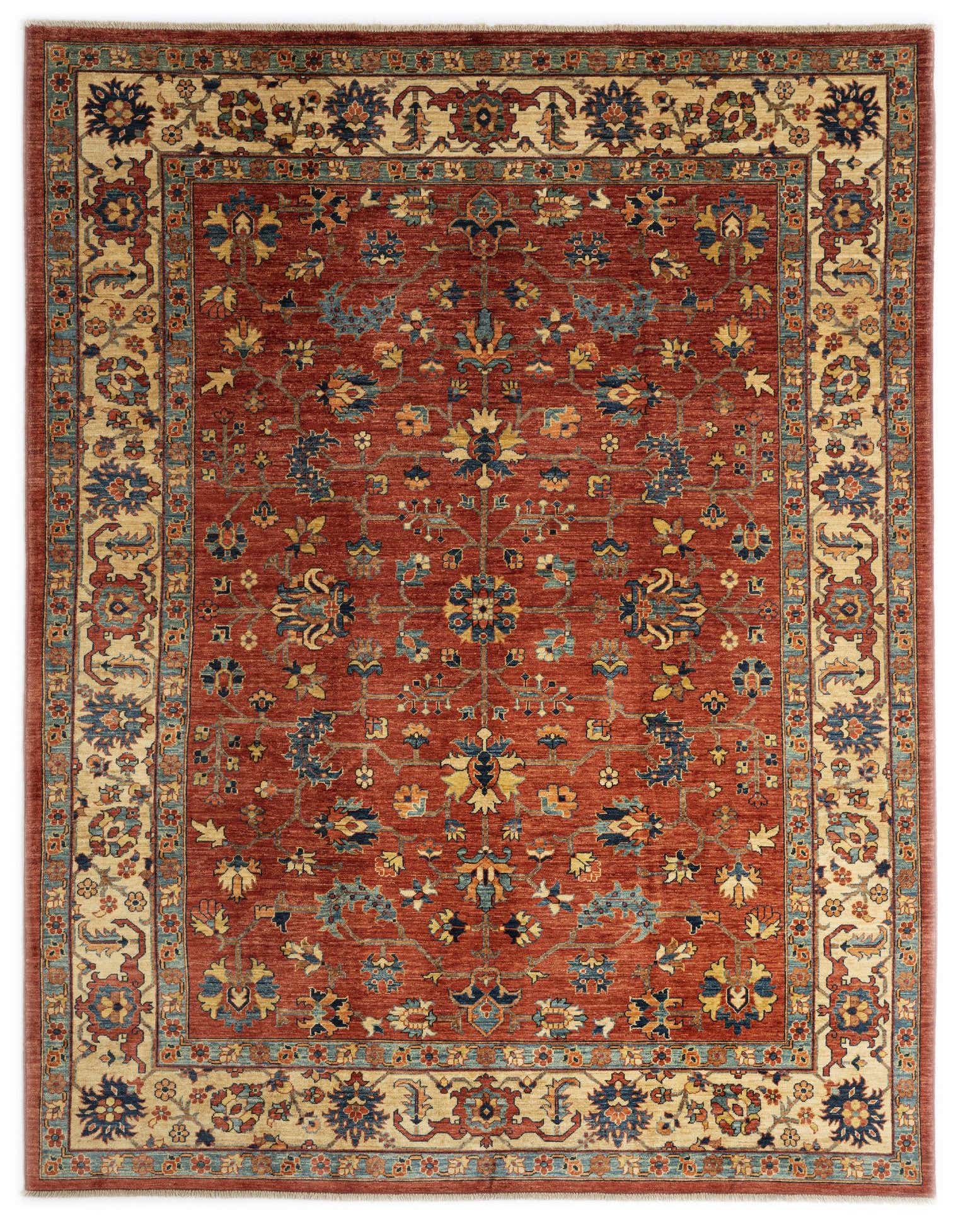 A rectangular 8x11 red Persian wool rug with intricate floral motifs in blue, gold, and cream, featuring a wide cream border.