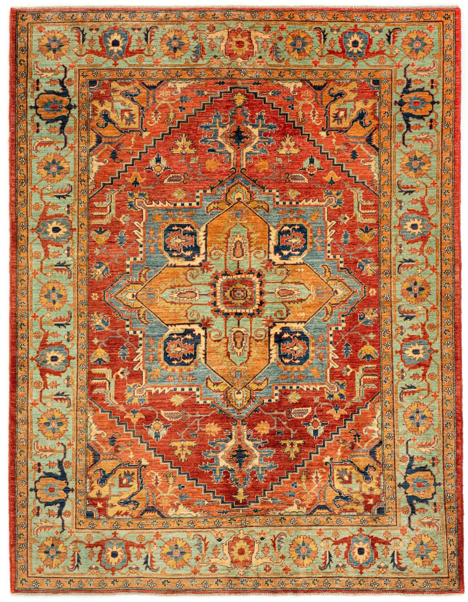 A 6x9 rectangular Rugs.com Sara Persian rug featuring a central medallion and intricate floral patterns in reds, blues, and golds, with a light blue-green border.