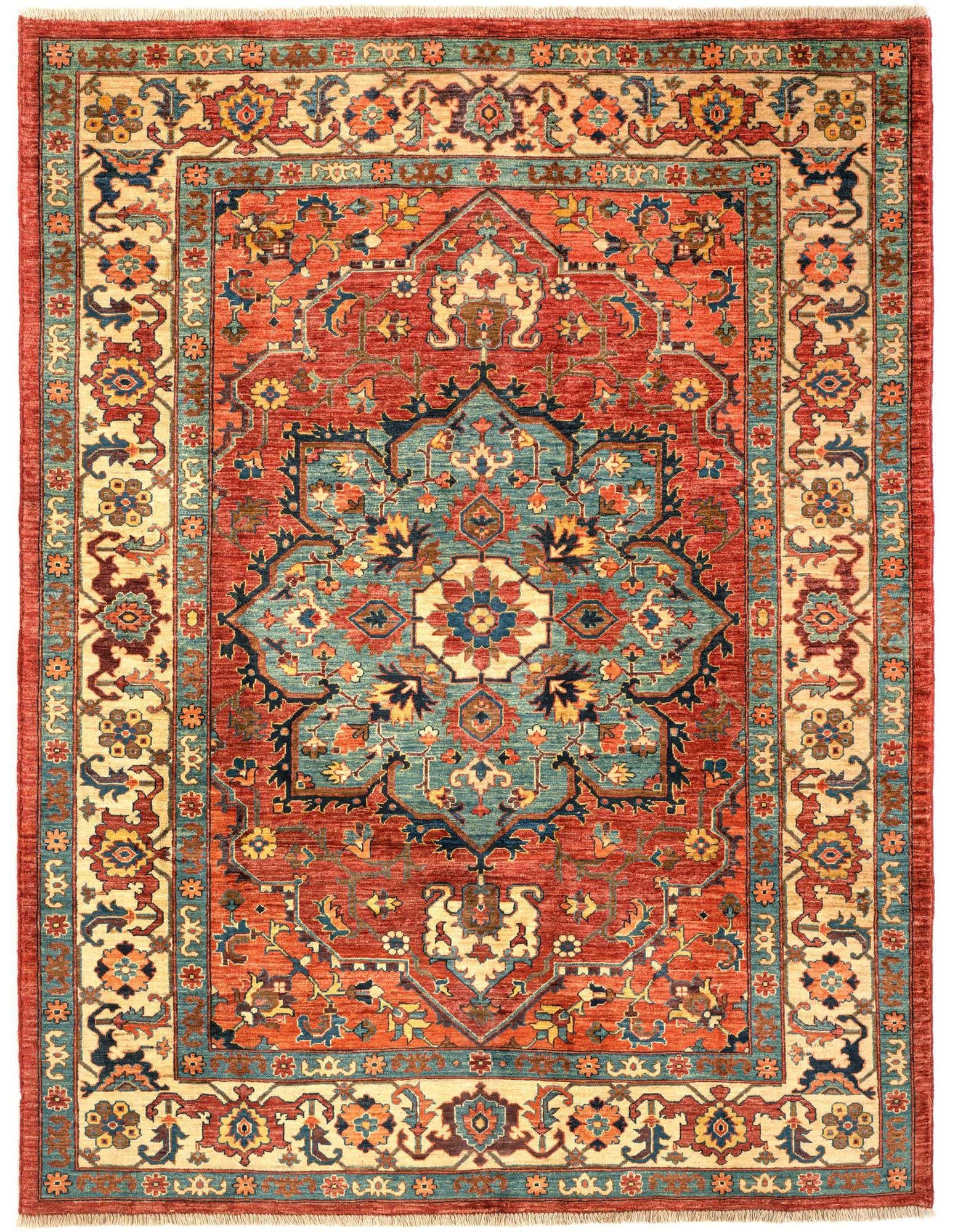 A 5x8 rectangular Persian rug with a rich red field and an intricate teal and beige medallion pattern, perfect for a living room.