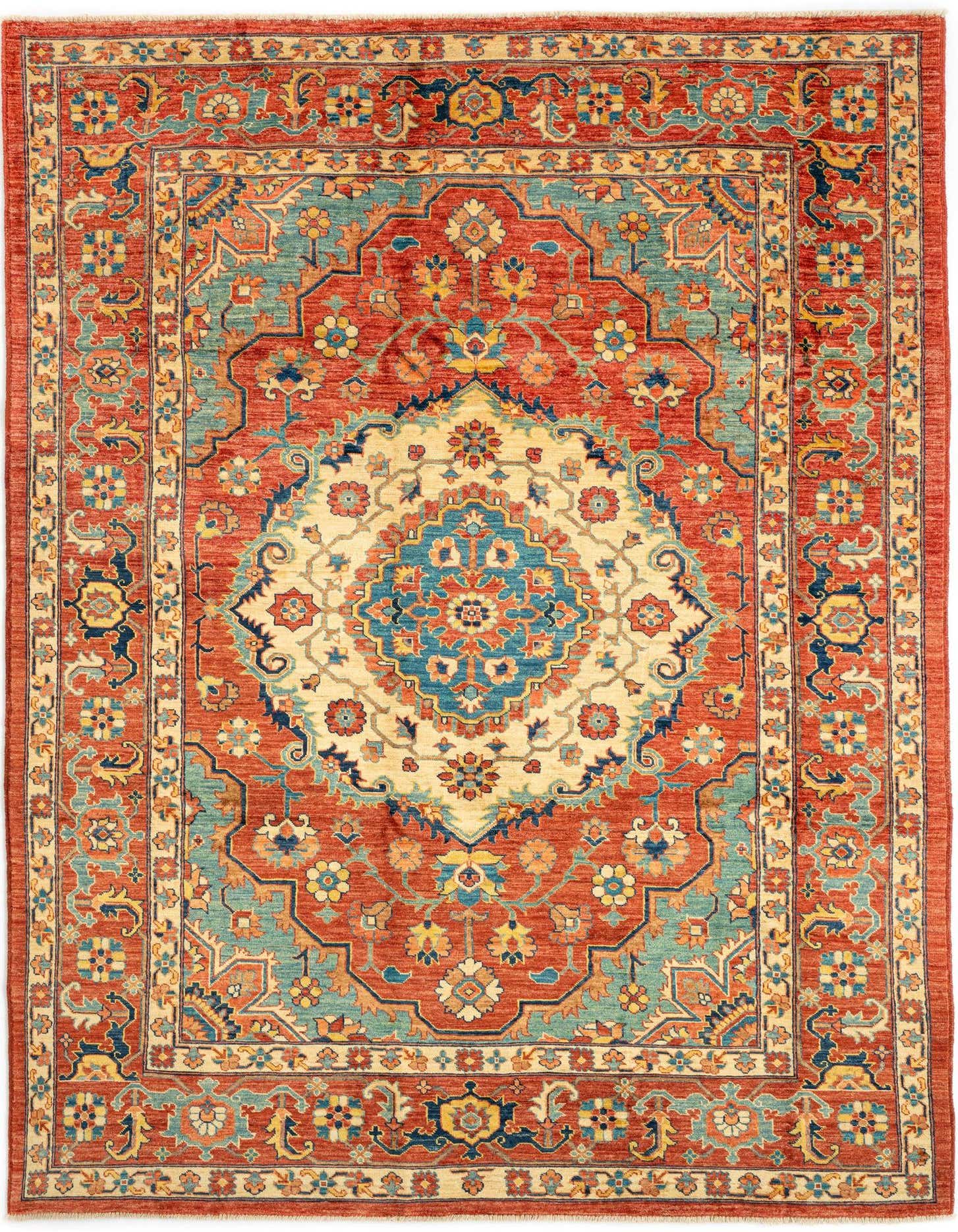 A 5x8 rectangular Persian rug with a red field, intricate floral patterns, and a central medallion in blue, teal, and cream.