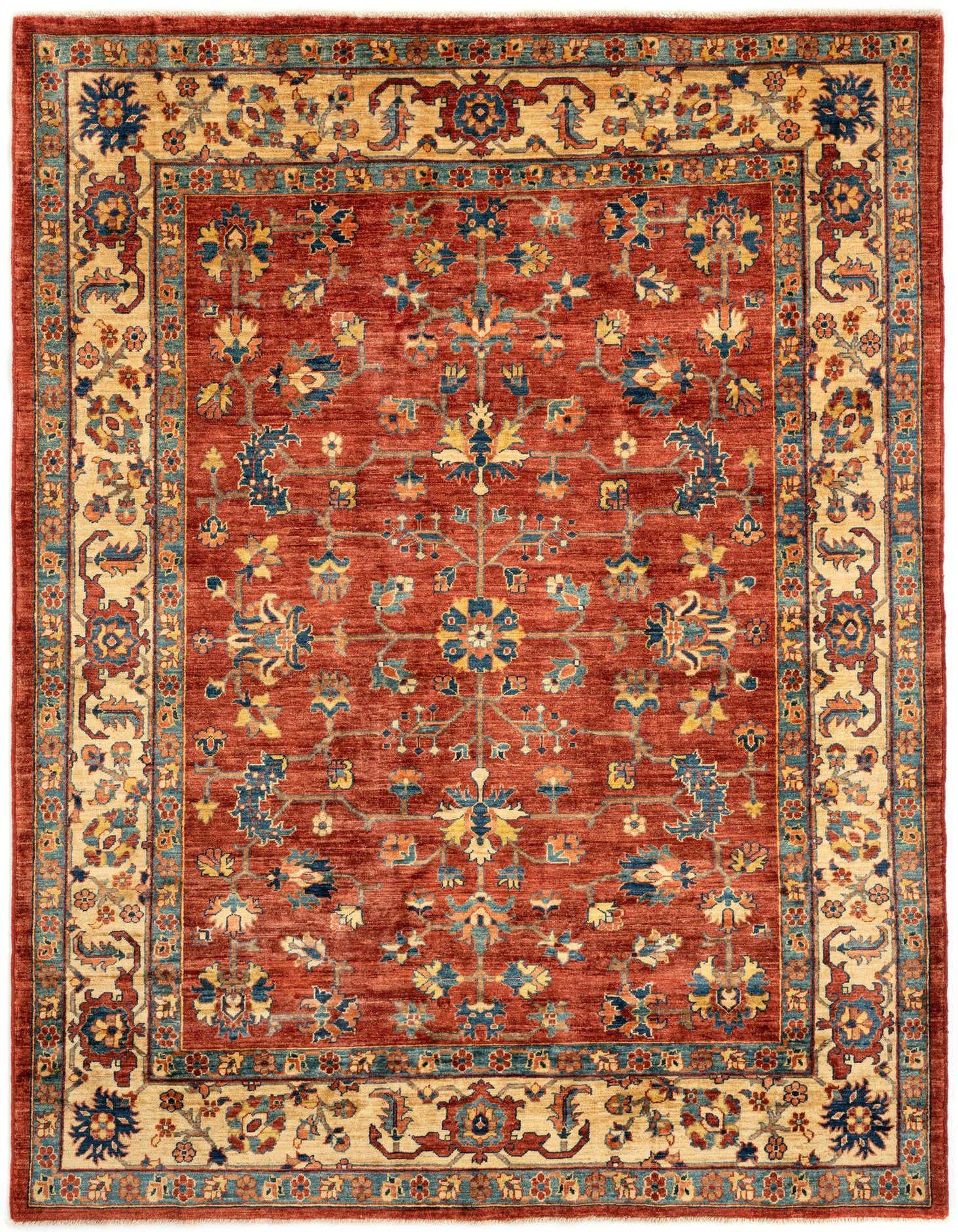 A 6x9 rectangular Persian rug in deep reds with intricate floral and medallion patterns in blue, gold, and cream.
