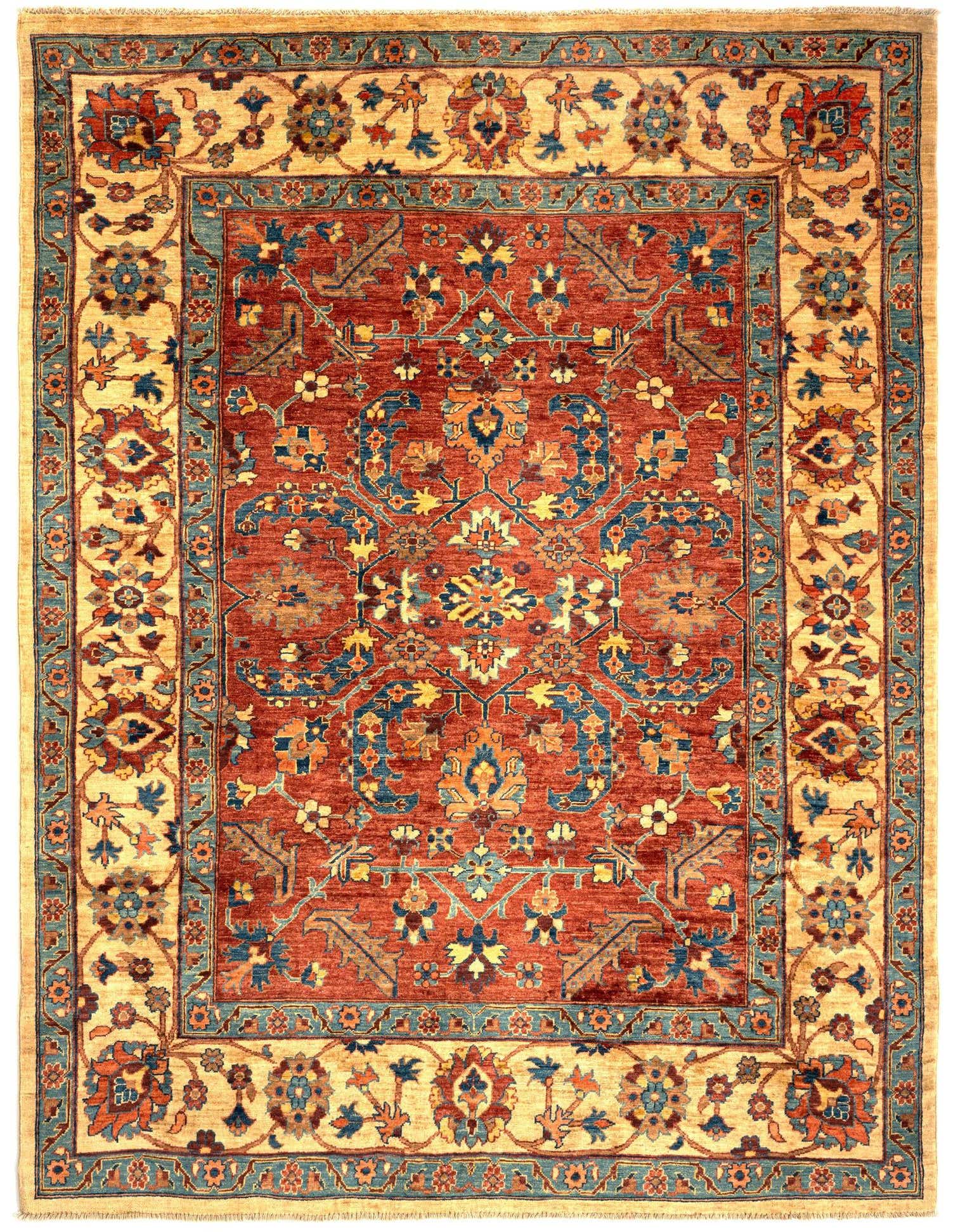 A 6x9 rectangular Persian wool rug with a rich red field and an intricate floral pattern in blue, gold, and cream.