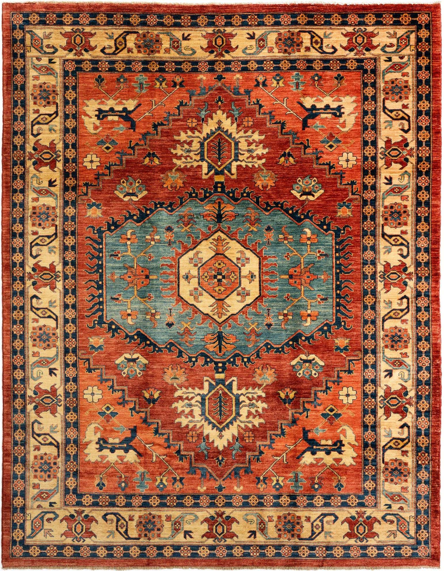 A 7x10 rectangular Persian rug with a rich red field, featuring a central teal medallion and intricate traditional patterns in gold, navy, and orange.