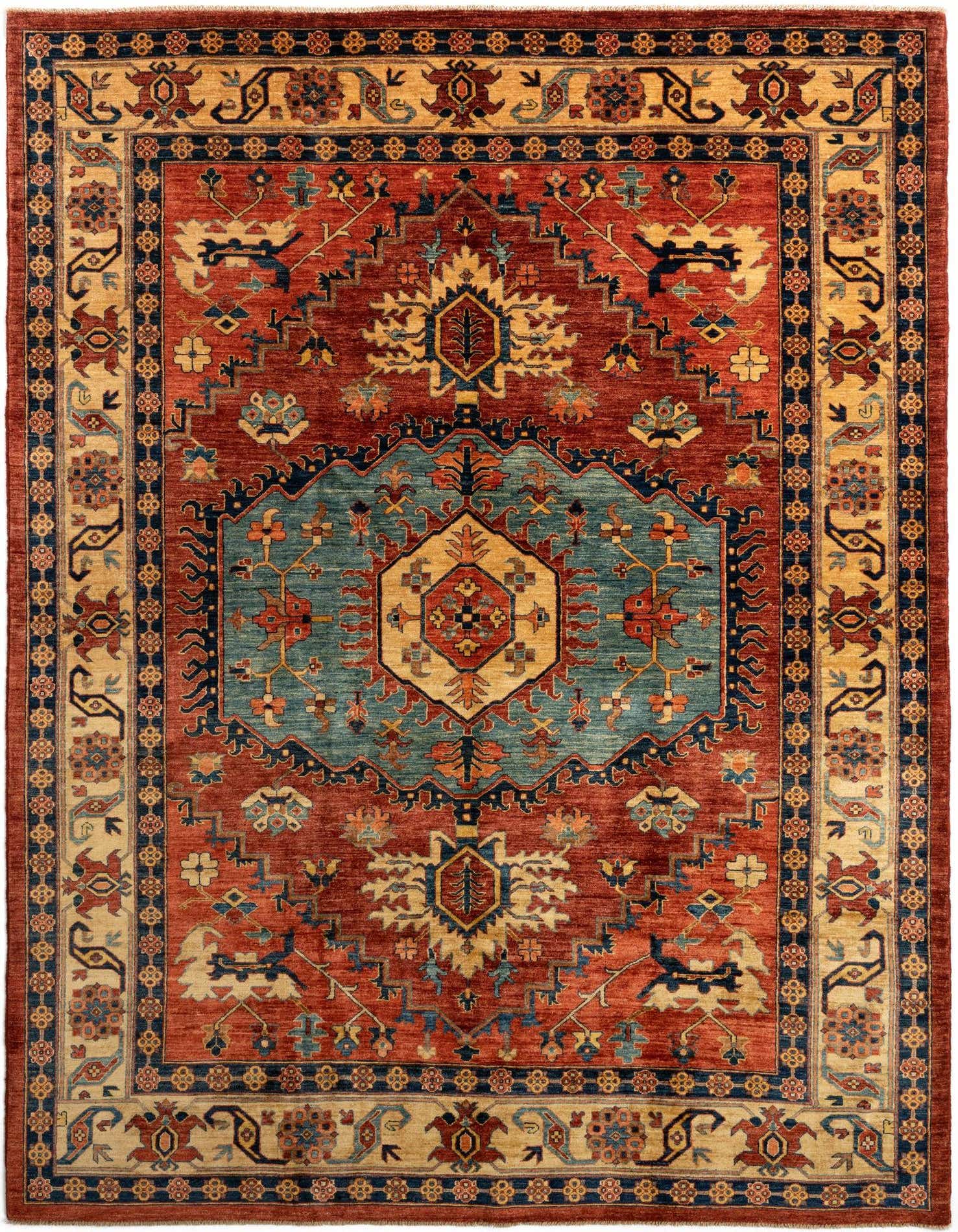 A 7x10 rectangular Persian rug with a rich red field, featuring a central teal medallion and intricate traditional patterns in gold, navy, and light blue.