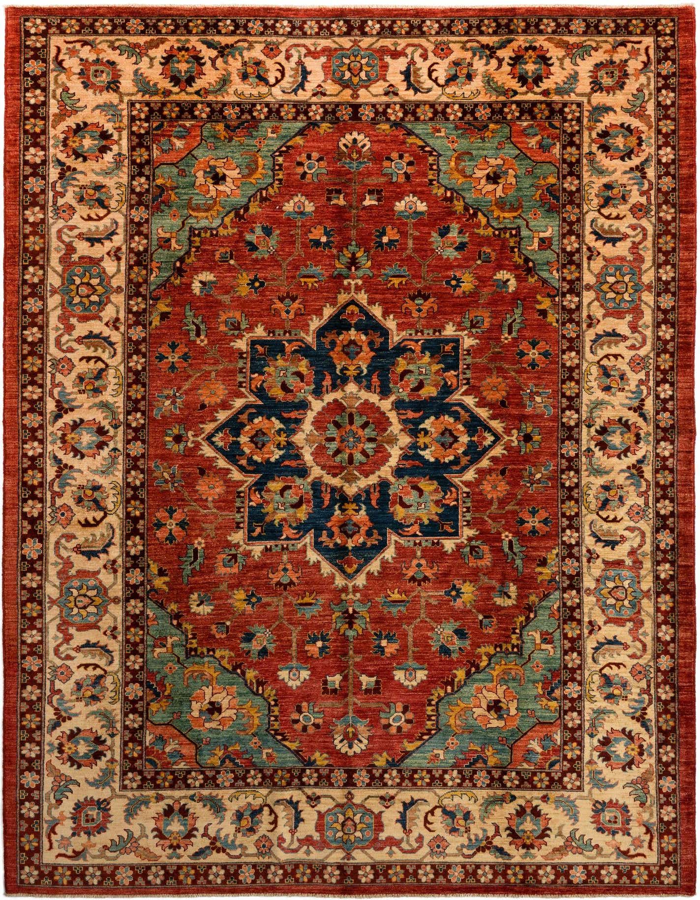 A 7x10 rectangular Persian rug featuring a rich red field, a central navy medallion, and an ornate beige border with floral motifs.
