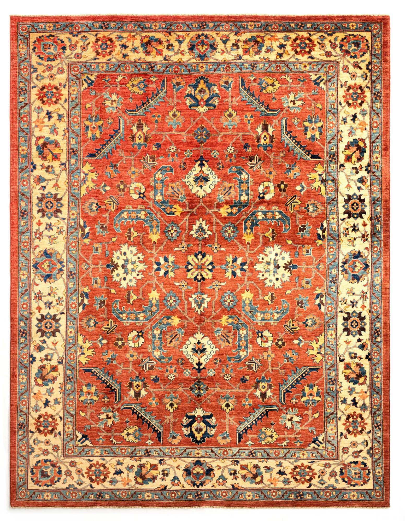 An 8x11 rectangular Persian area rug in rich red with intricate blue, yellow, and cream floral and geometric patterns.