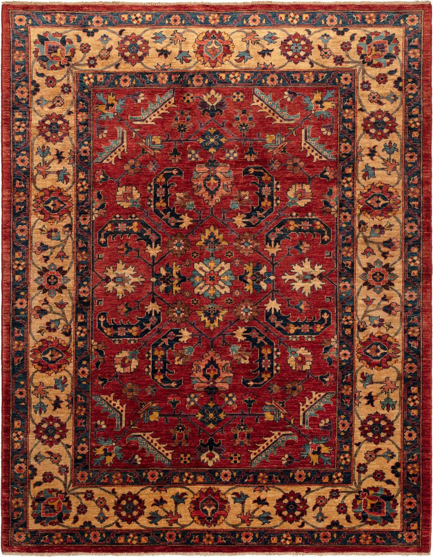 A 6x9 rectangular Sara Collection wool rug with a rich red field and an intricate gold border, featuring traditional floral and geometric patterns in blue, gold, and red.