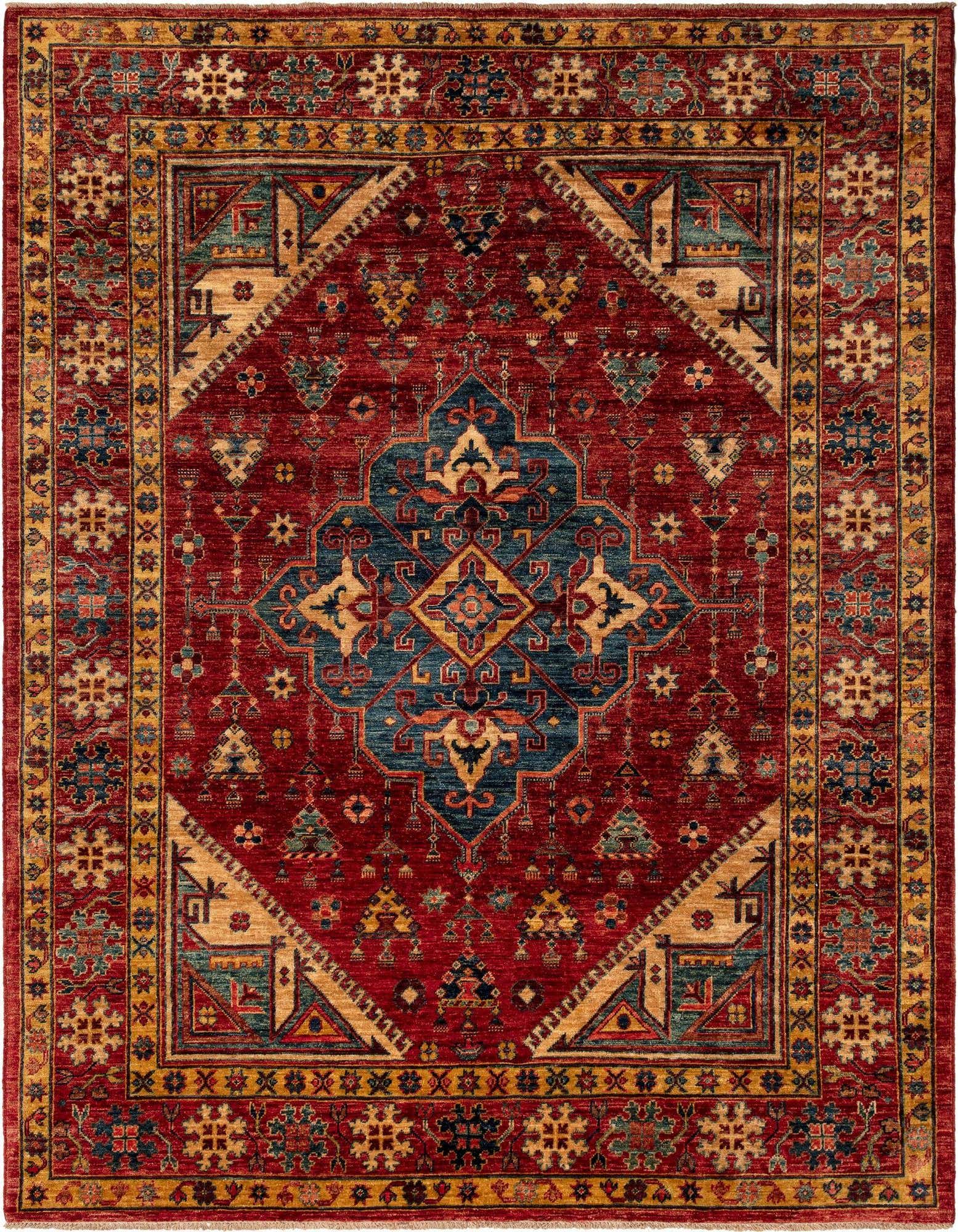 A 5x8 rectangular Sara Collection rug in rich red wool with a detailed border and traditional patterns in gold, blue, and cream.