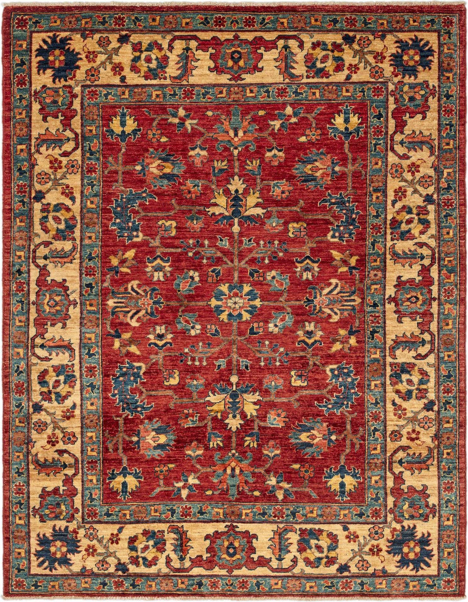 A 4x6 rectangular Sara Collection wool rug featuring a rich red field with intricate floral and vine patterns, framed by a wide beige border with complementary traditional motifs.