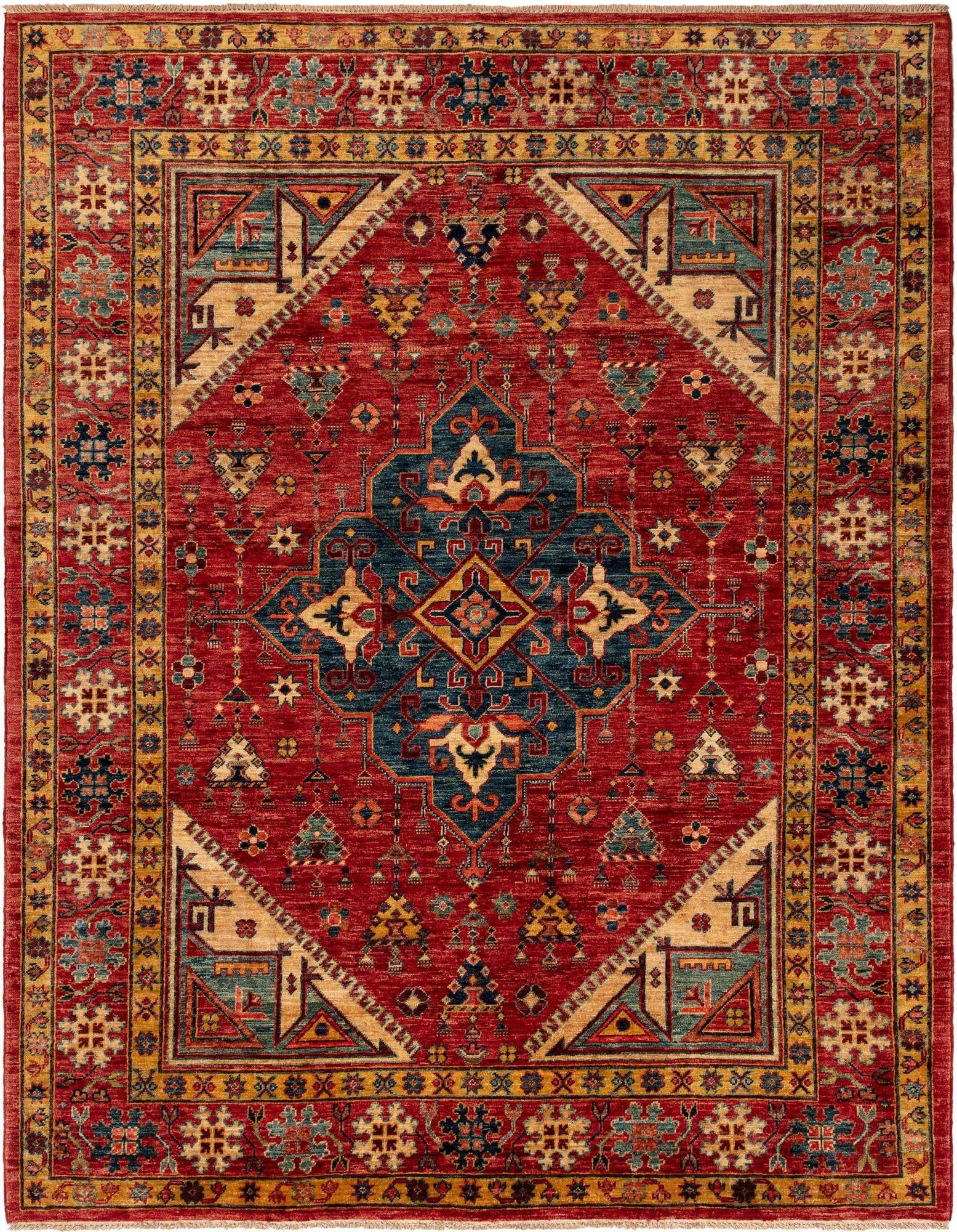 A 5x8 rectangular red Persian wool rug featuring a central navy and gold medallion, intricate patterns, and a detailed border.