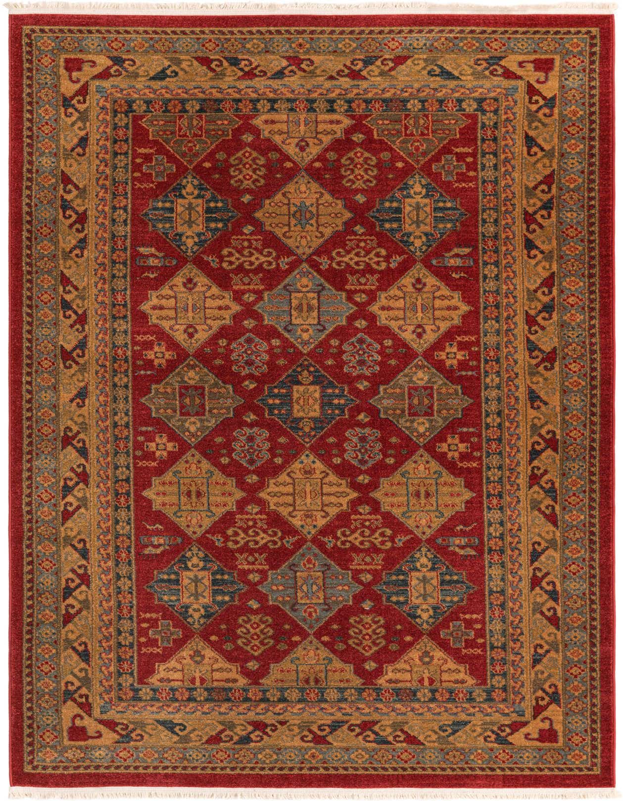A 5x8 rectangular red Southwestern rug with gold, blue, and green tribal patterns and a decorative border.