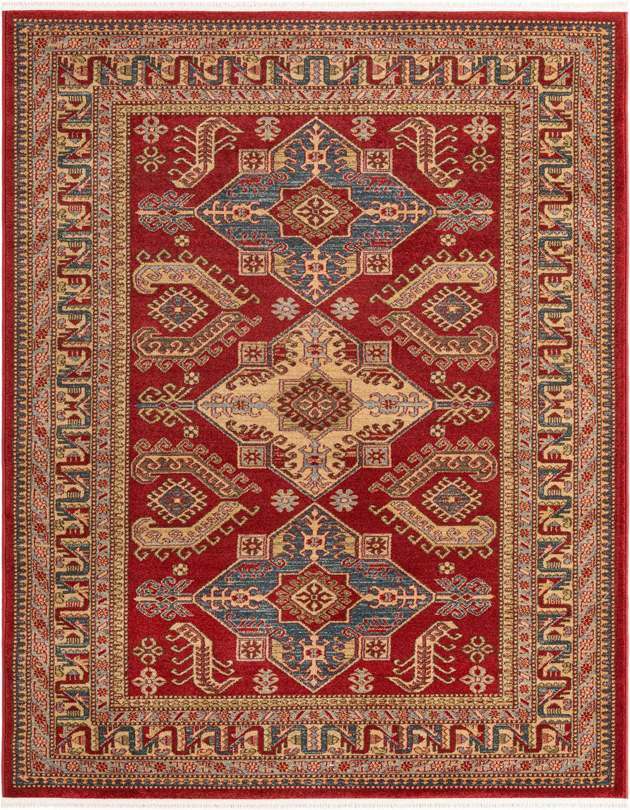 A 5x8 rectangular red Southwestern rug with a central medallion and tribal patterns in blue, gold, and cream.