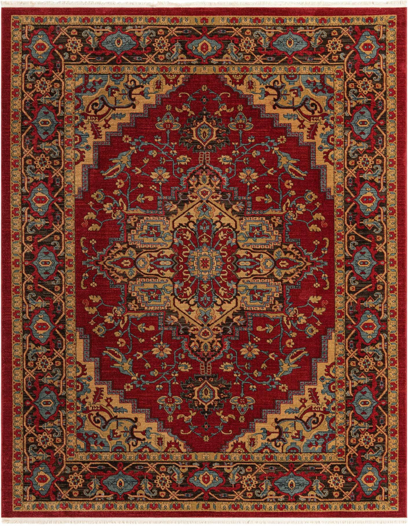 A rectangular 8x11 red traditional area rug with a vintage medallion pattern and intricate gold, black, and blue floral details.