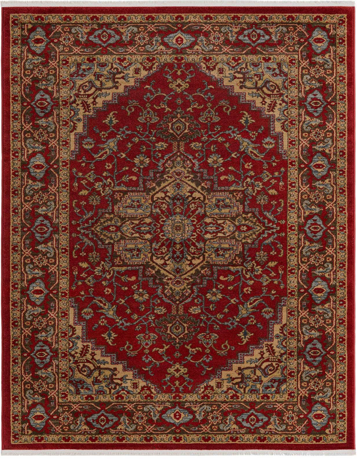 A 5x8 rectangular Sara Collection rug by Rugs.com with a traditional medallion pattern in reds, gold, and blue.