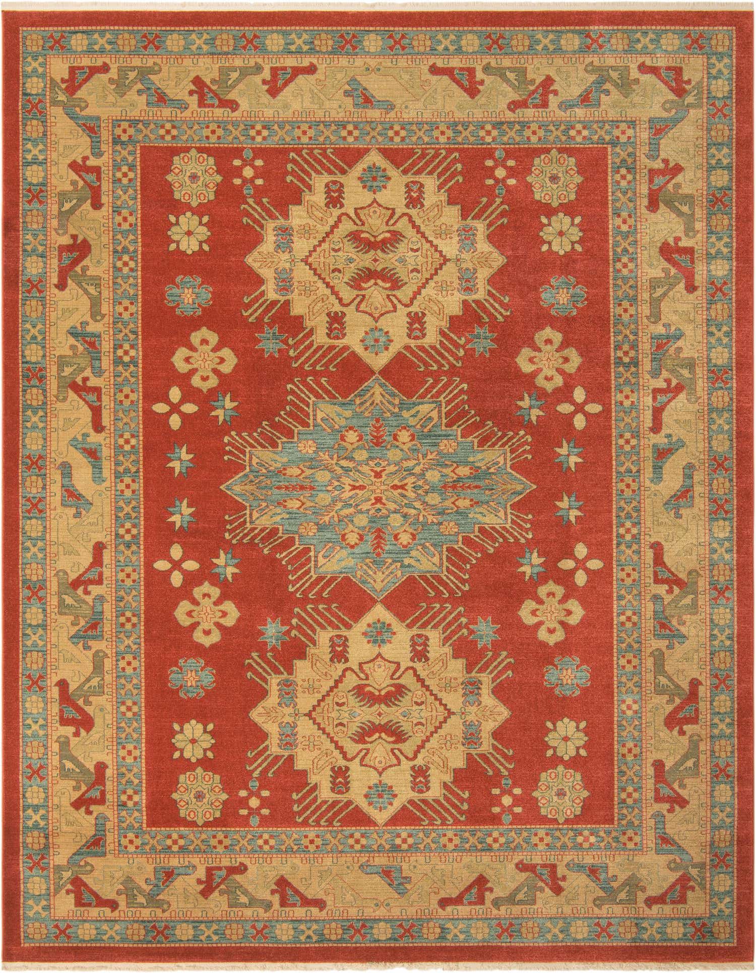 A 10x13 rectangular Sara collection rug featuring a red field with gold, blue, and green Southwestern and botanical patterns.