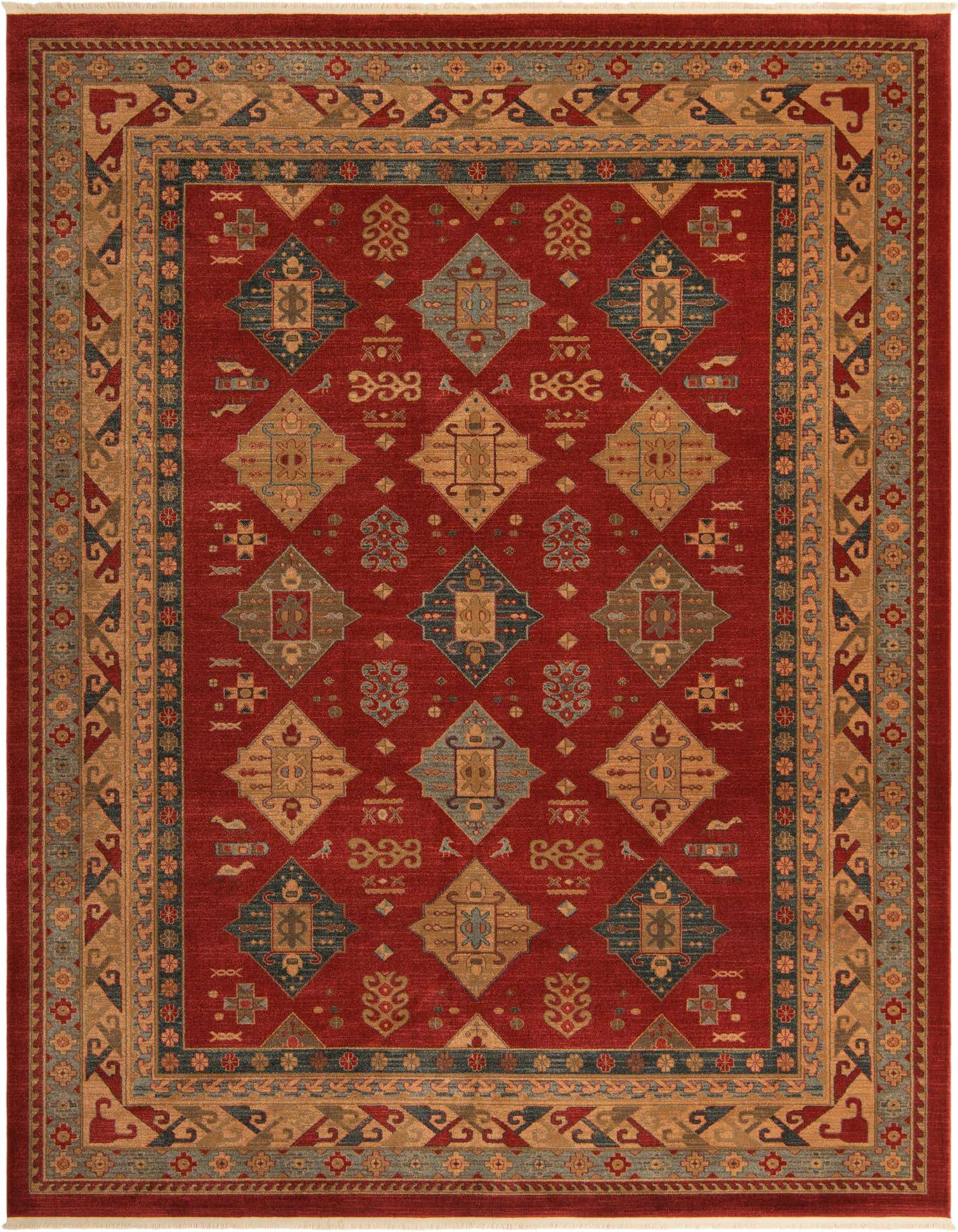 A 9x12 rectangular Sara collection rug in deep red with a Southwestern and traditional pattern, featuring blue, gold, and cream tribal motifs and a detailed border.