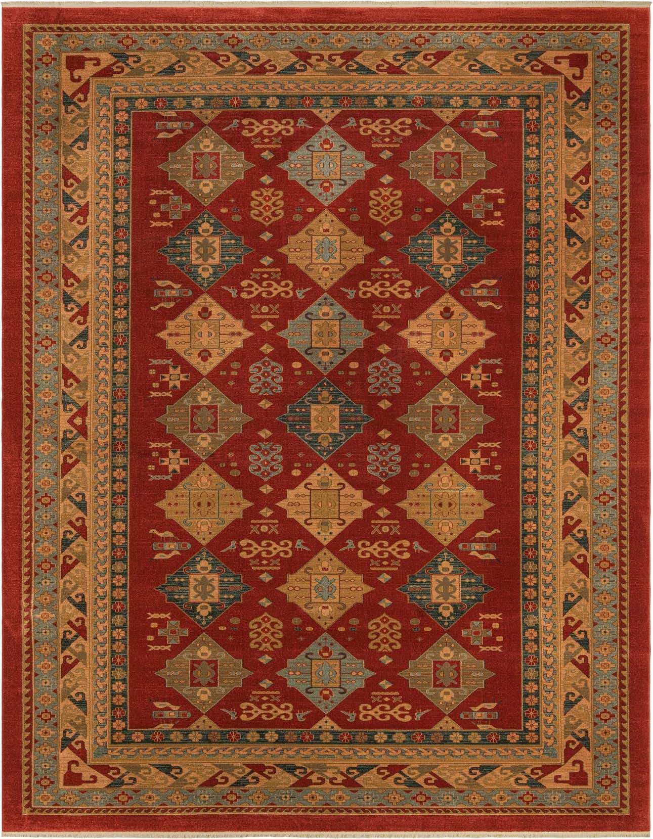 Rectangular red Southwestern area rug with a detailed border and geometric patterns in gold, blue, and green.