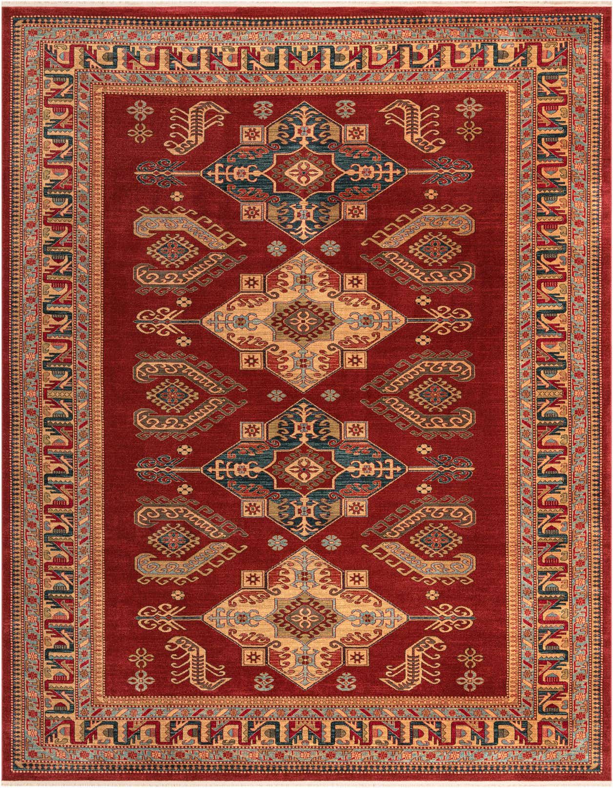 A rectangular red Southwestern palace rug with intricate tribal medallions and botanical patterns in blue, gold, and cream.