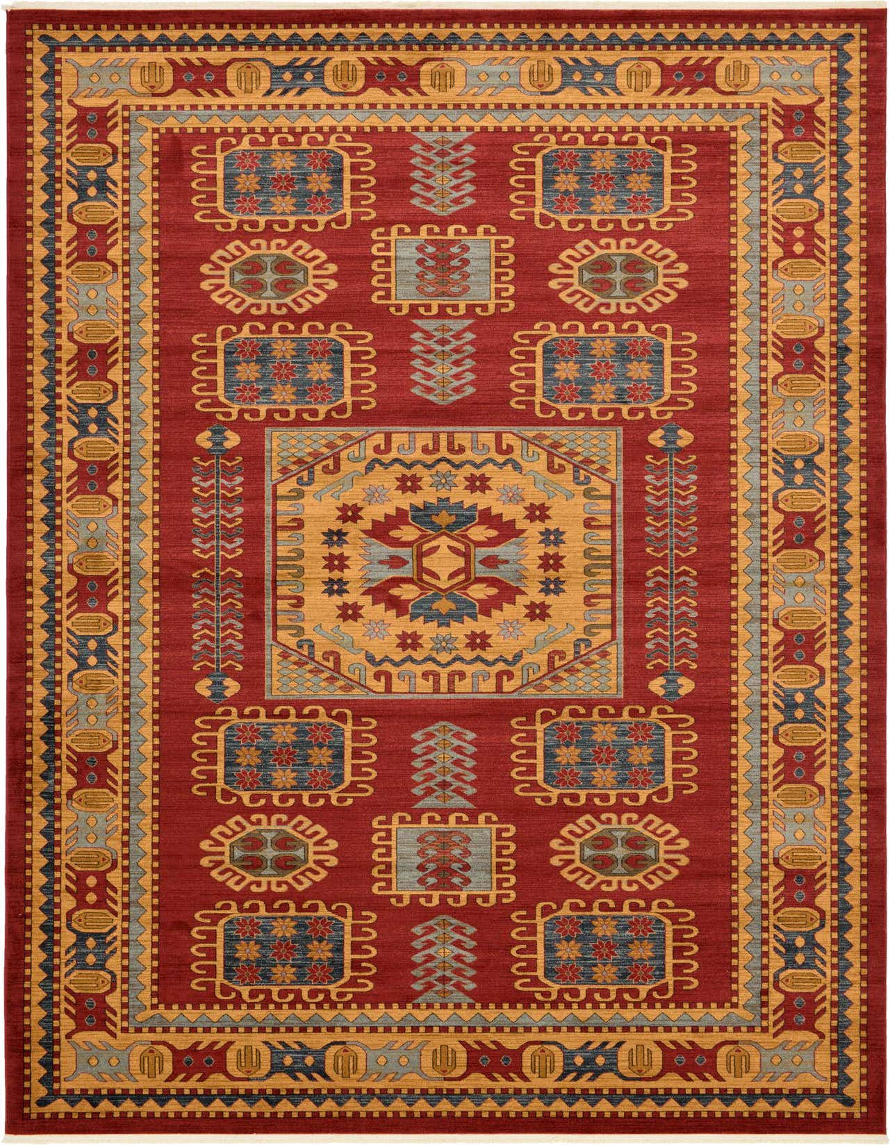 A rectangular red Southwestern rug with a central medallion and tribal patterns in gold, blue, and grey.