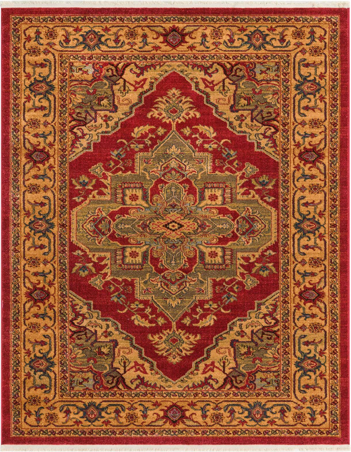 A 5x8 rectangular Sara Collection rug featuring a rich red field with a central medallion and ornate botanical patterns in gold, green, and blue, framed by a gold border.