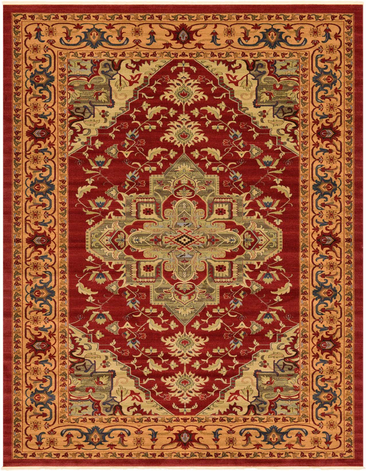 A large rectangular Sara Collection palace rug featuring a traditional medallion and botanical pattern in rich reds, gold, and blue.