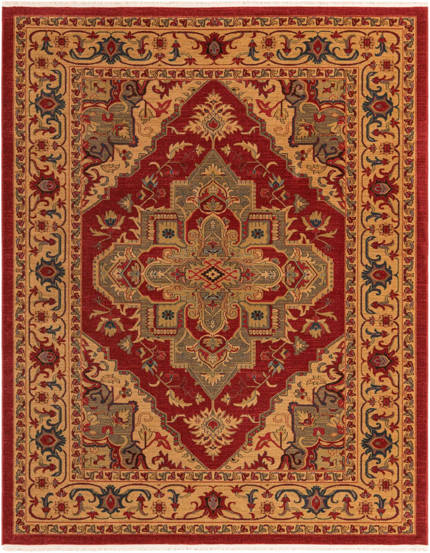 A rectangular 8x11 Sara collection rug featuring a traditional French medallion pattern in rich reds, gold, and blue accents.
