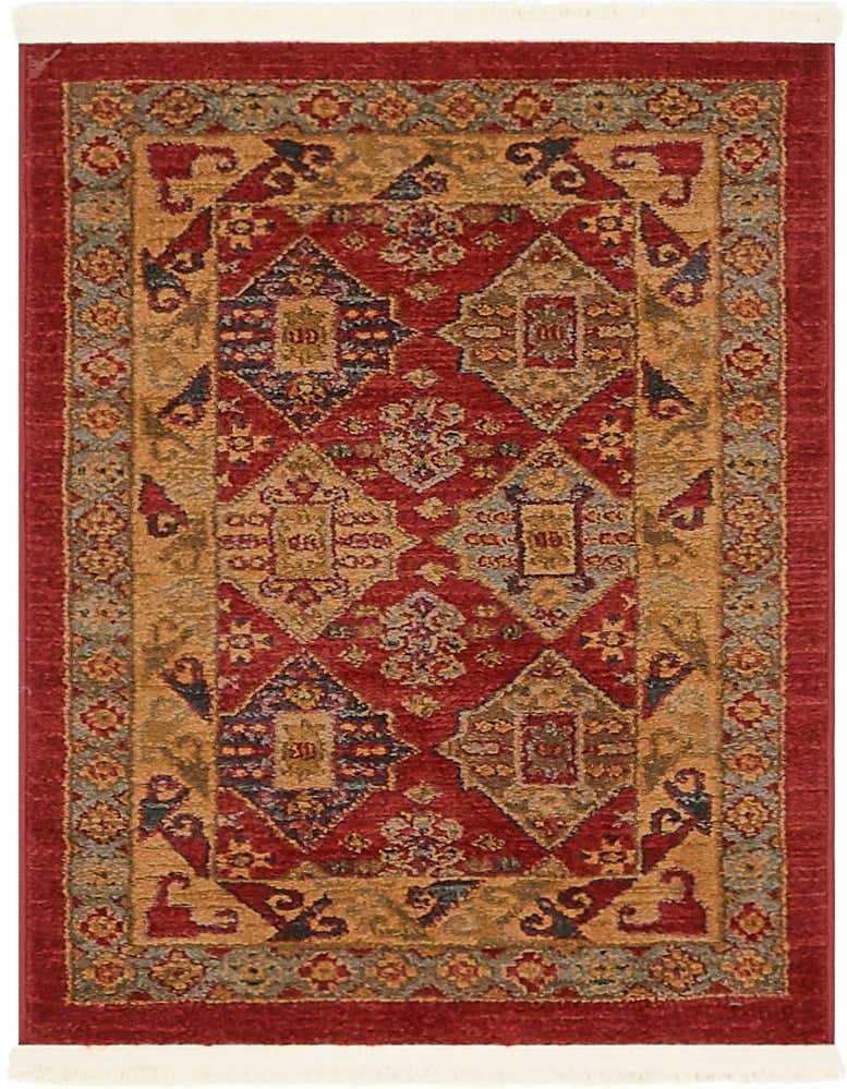 A 2x3 rectangular Rugs.com Sara rug featuring a traditional red and gold tribal pattern with floral motifs and a medium pile.