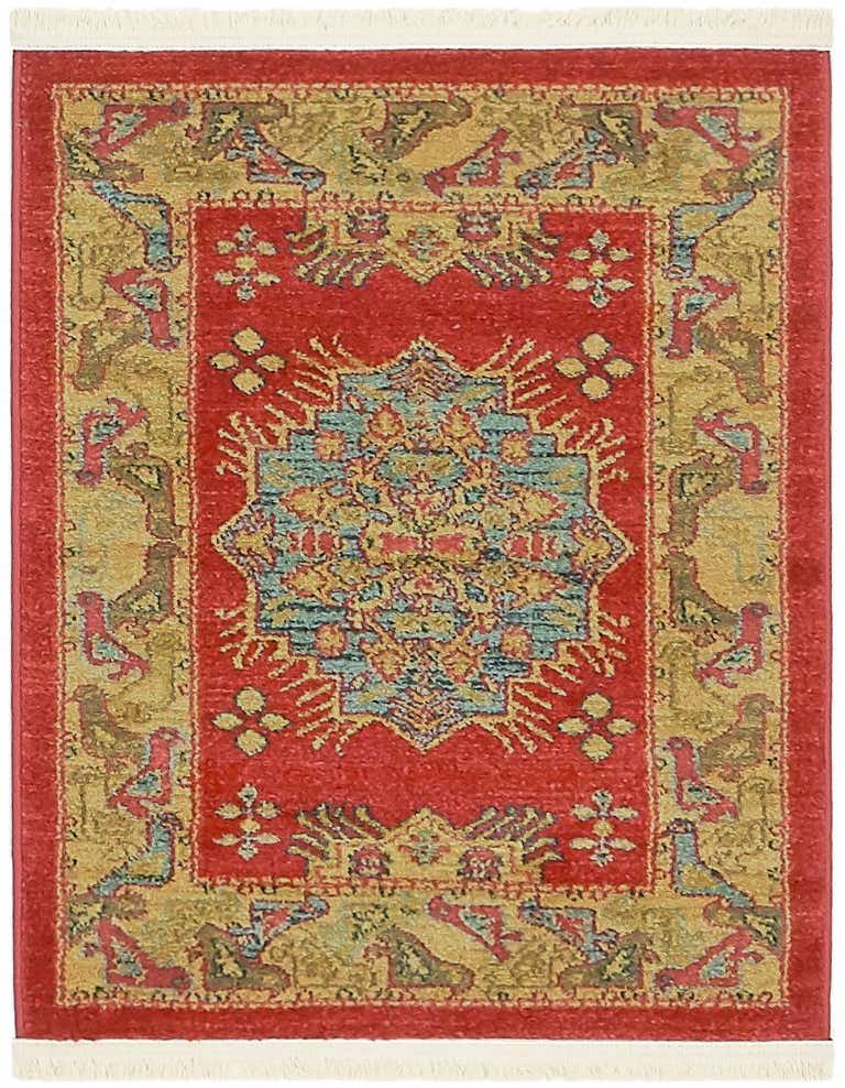 A 2x3 rectangular Rugs.com Sara rug featuring a red field with a central blue and gold medallion, framed by a gold traditional border.