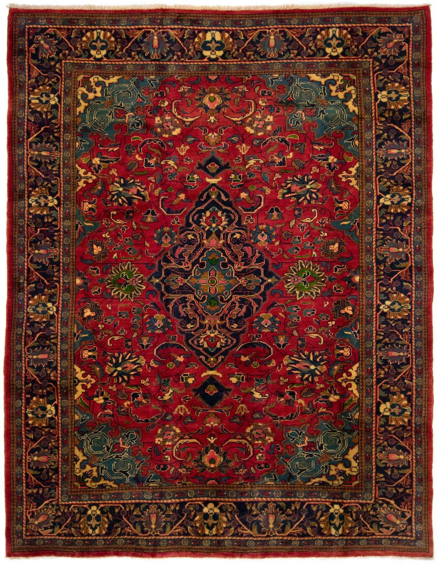 A rectangular 8x11 red Persian Sarough rug with intricate floral and medallion patterns in navy, gold, and teal.