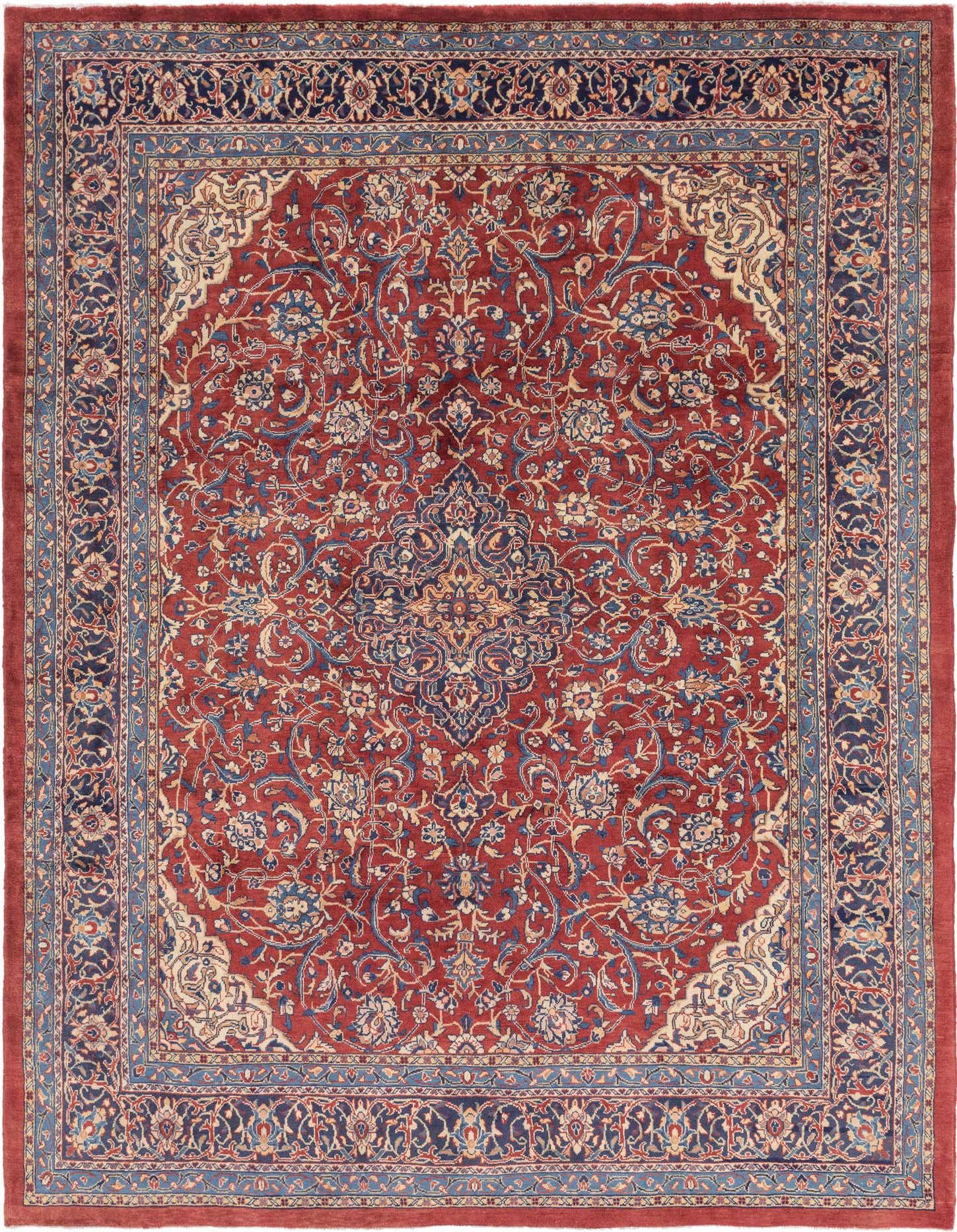 A 10x13 rectangular red Persian wool rug with a central medallion and intricate botanical patterns in blue, cream, and navy.