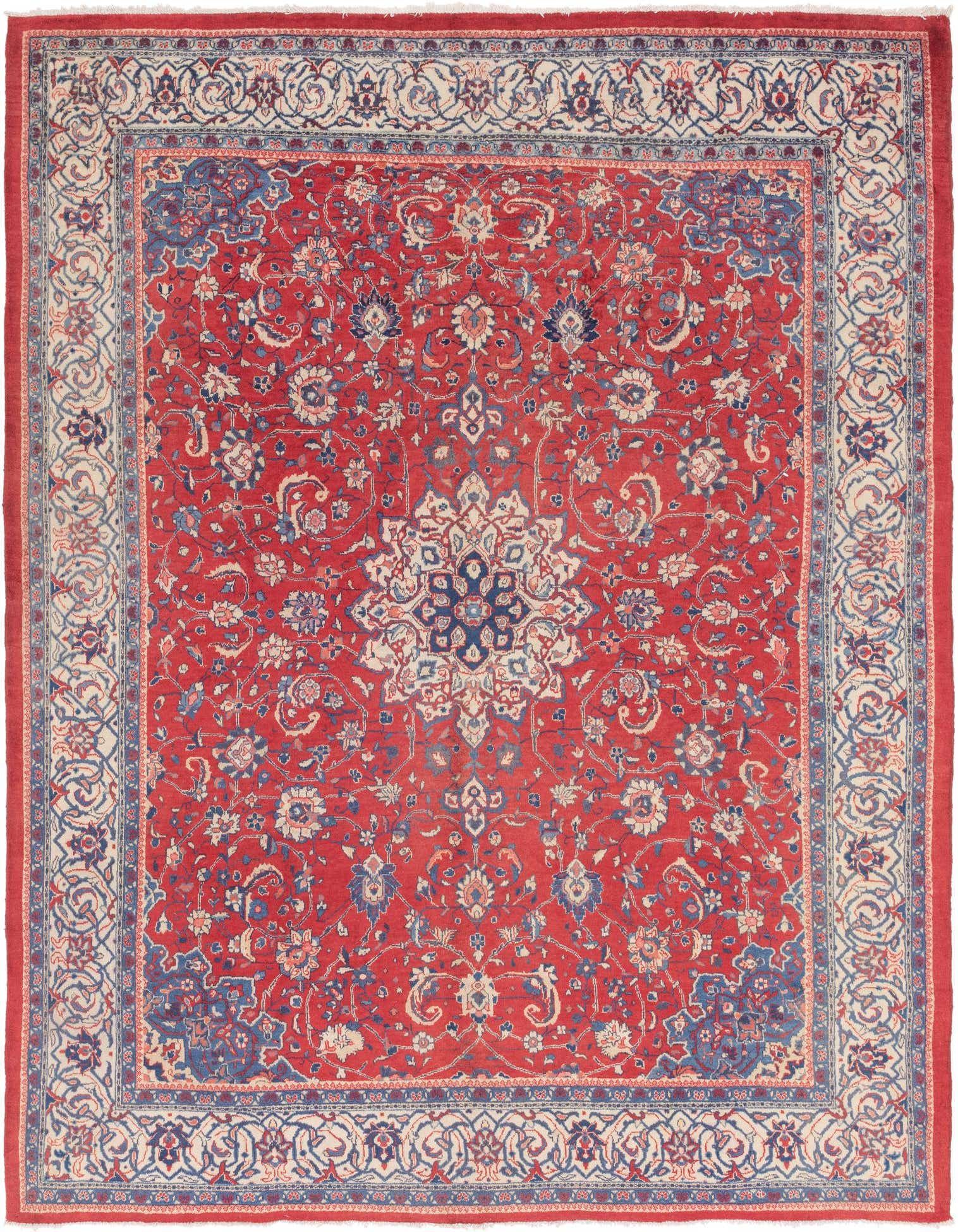 A 10x13 rectangular Sarough rug featuring a traditional red field with a central medallion and botanical patterns in blue and cream.