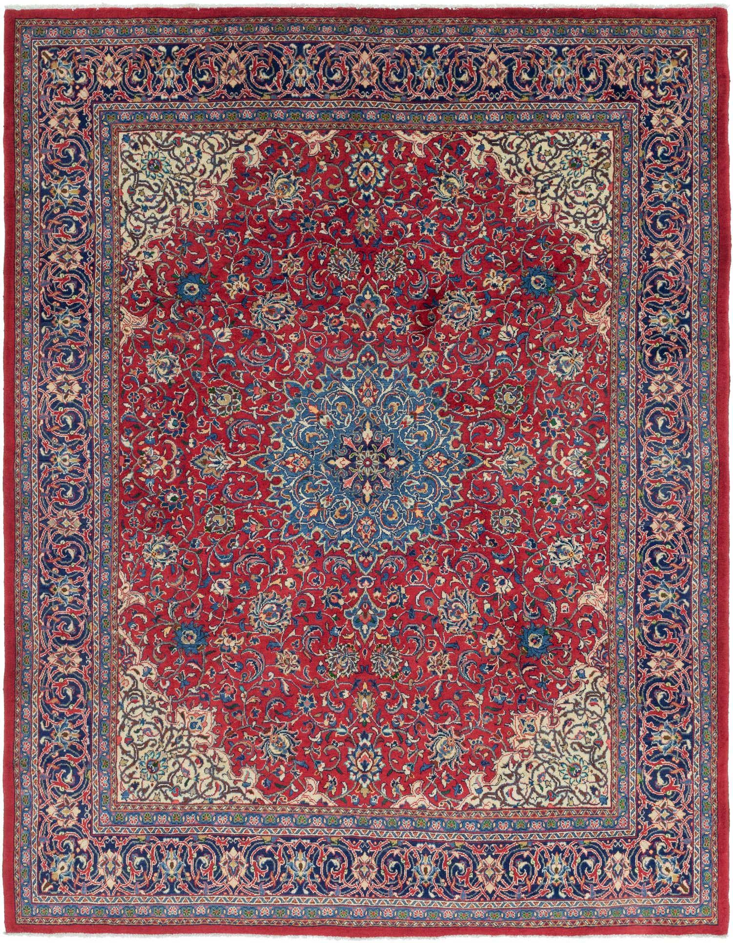 A large 10x13 rectangular red Persian rug with a central blue medallion and intricate botanical patterns, ideal for a living room.