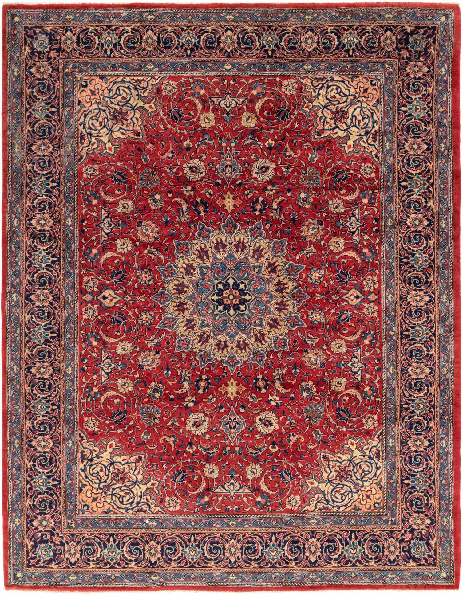 A rectangular 10x13 Sarough rug featuring a traditional red field with a central medallion and intricate botanical patterns, bordered by a navy and gold design.