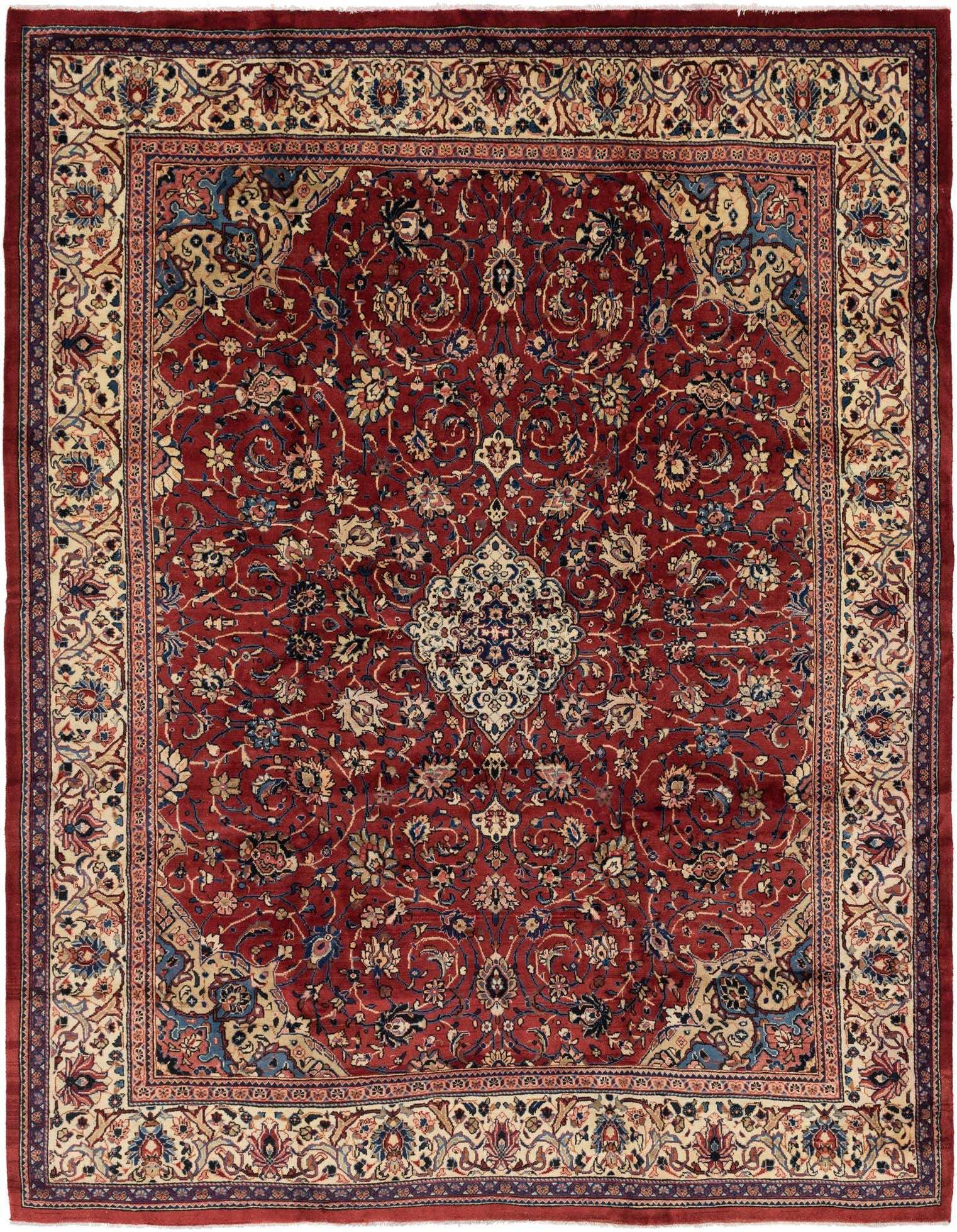 A 10x13 rectangular Sarough rug in deep red with intricate traditional Persian botanical and medallion patterns, handmade from wool.