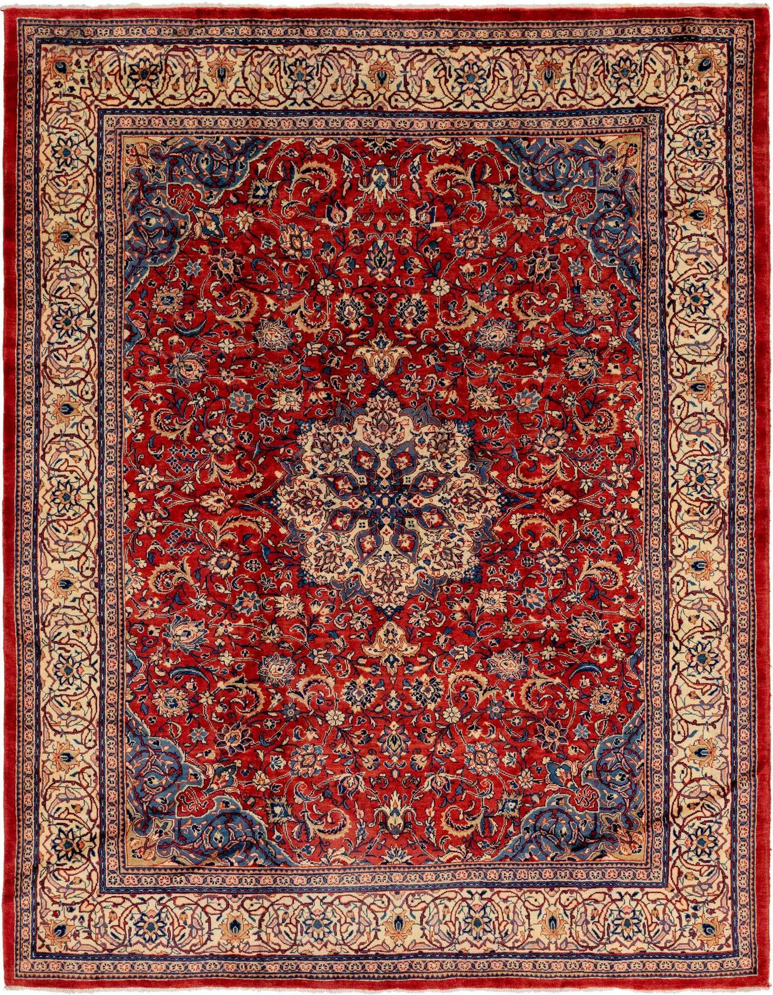 A 10x13 rectangular Sarough rug featuring a rich red field with intricate blue, cream, and gold traditional Persian botanical and medallion patterns.