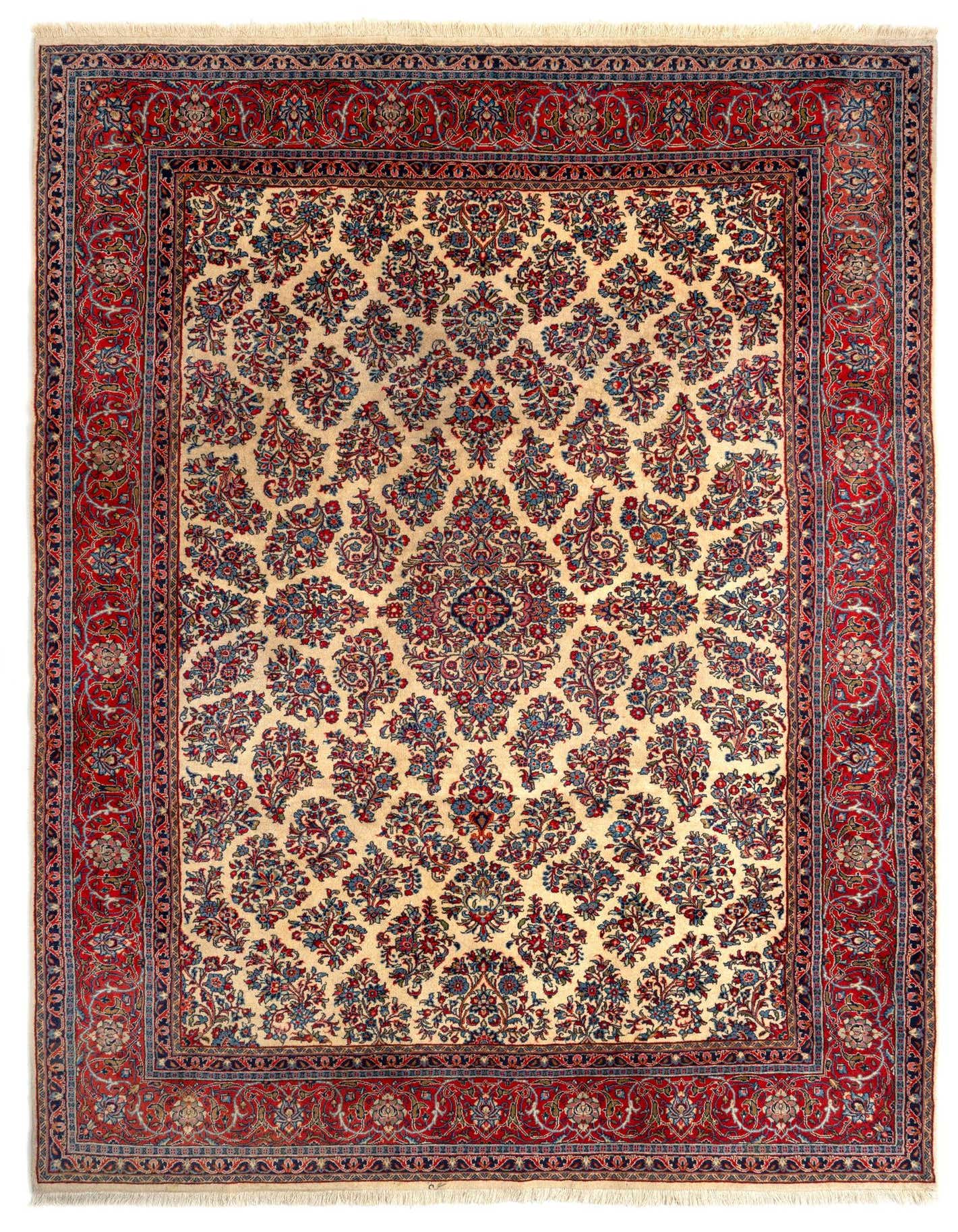 An 8x11 rectangular Sarouk Persian rug with a cream field, red border, and intricate floral patterns in red and blue.