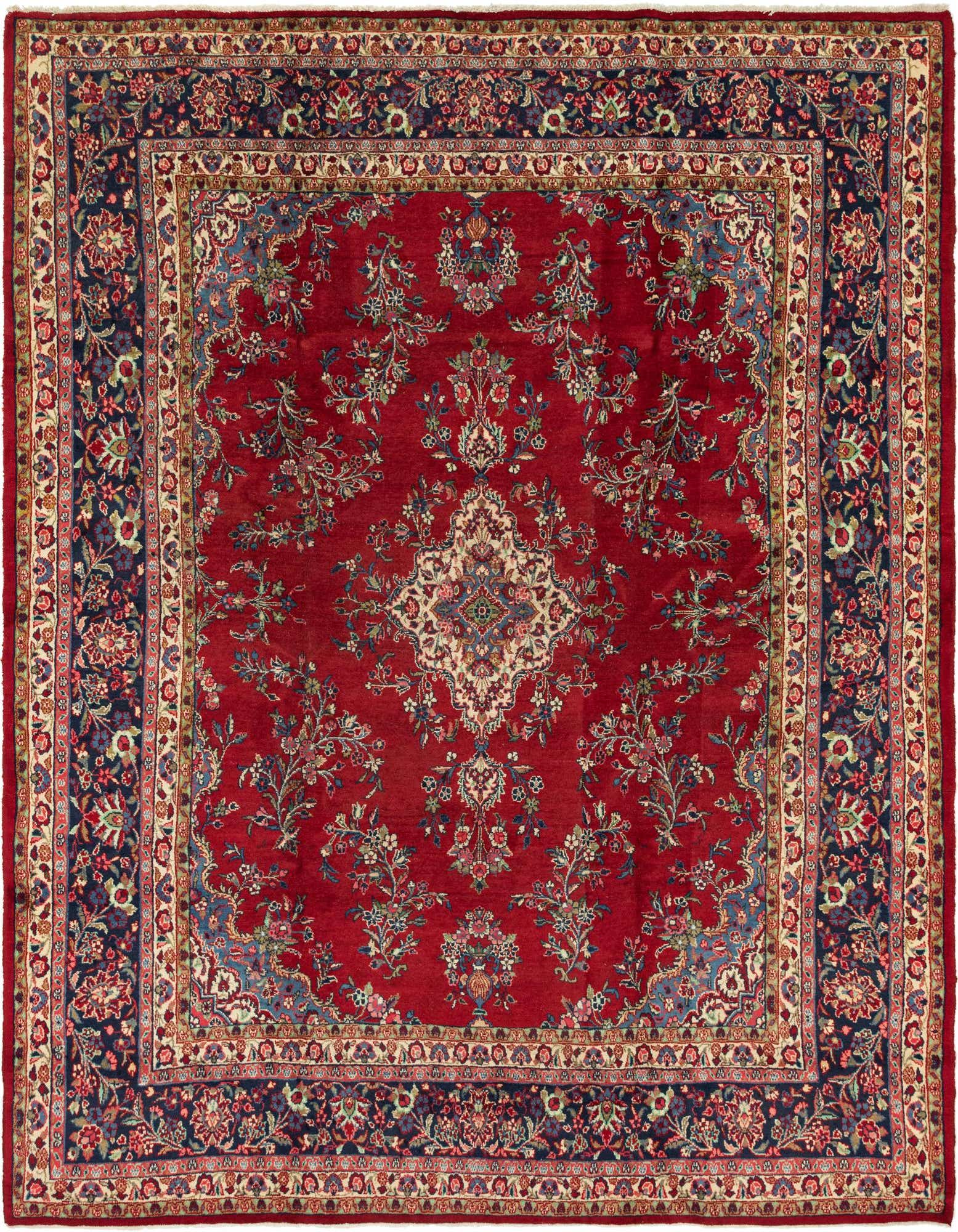 A 10x13 rectangular red Persian rug featuring a central medallion and intricate botanical patterns, with a dark blue border.