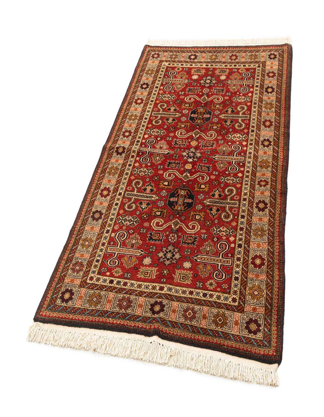A 4x6 rectangular red tribal rug with intricate patterns in various colors, handmade from sheep virgin wool, ideal for an entryway or living room.