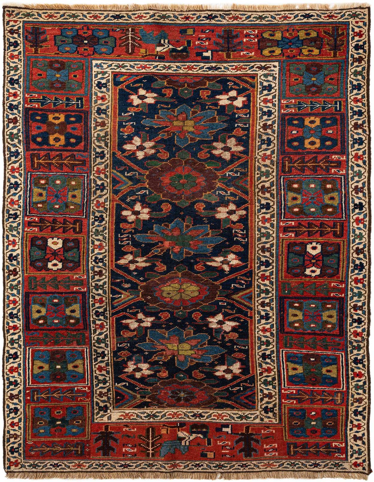 A 4x6 rectangular red tribal wool rug with a dark blue central medallion, intricate floral motifs, and a detailed border.