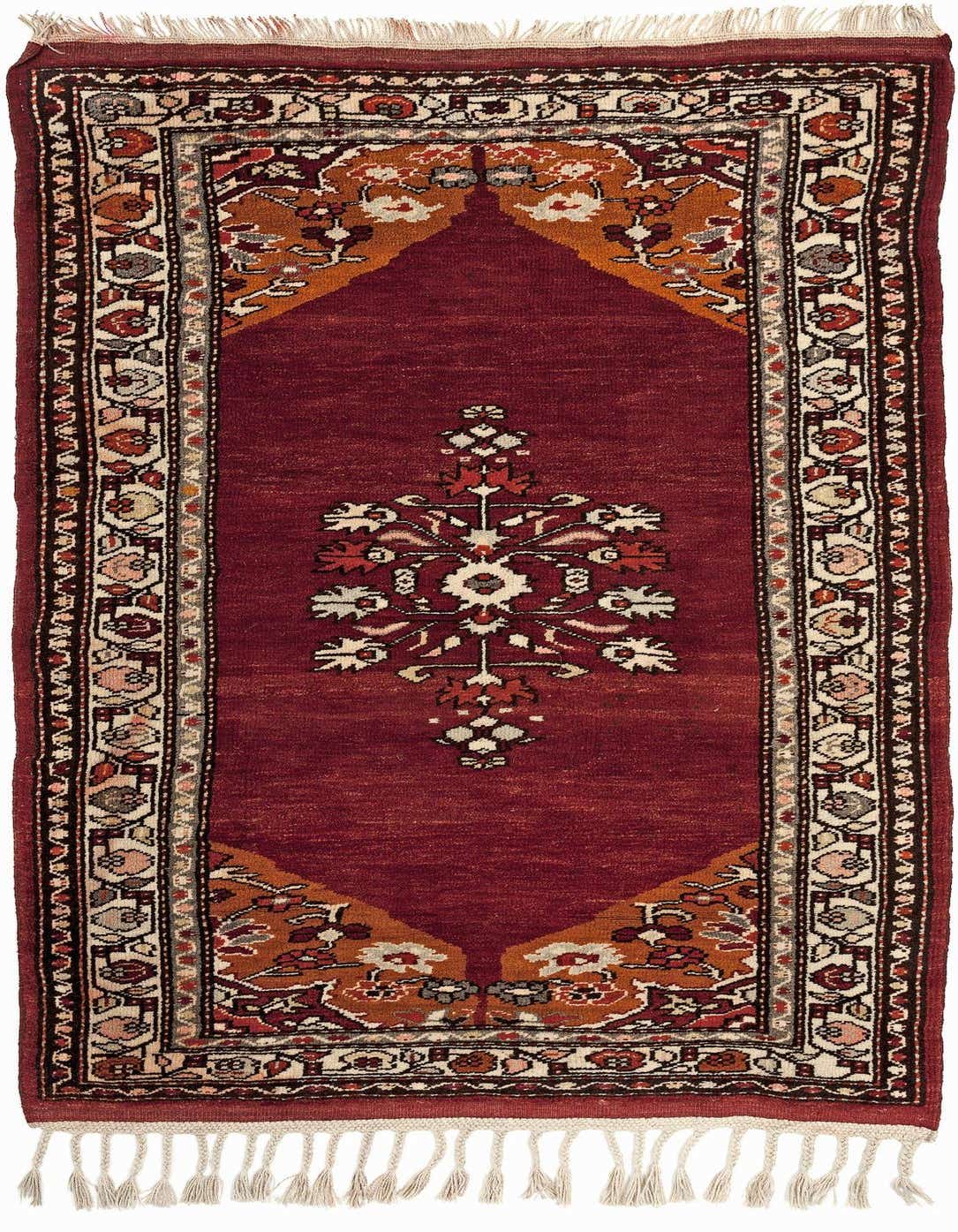 A 3x5 rectangular Sivas rug in rich red, featuring a traditional medallion design with intricate floral patterns and a decorative border, handmade from wool.