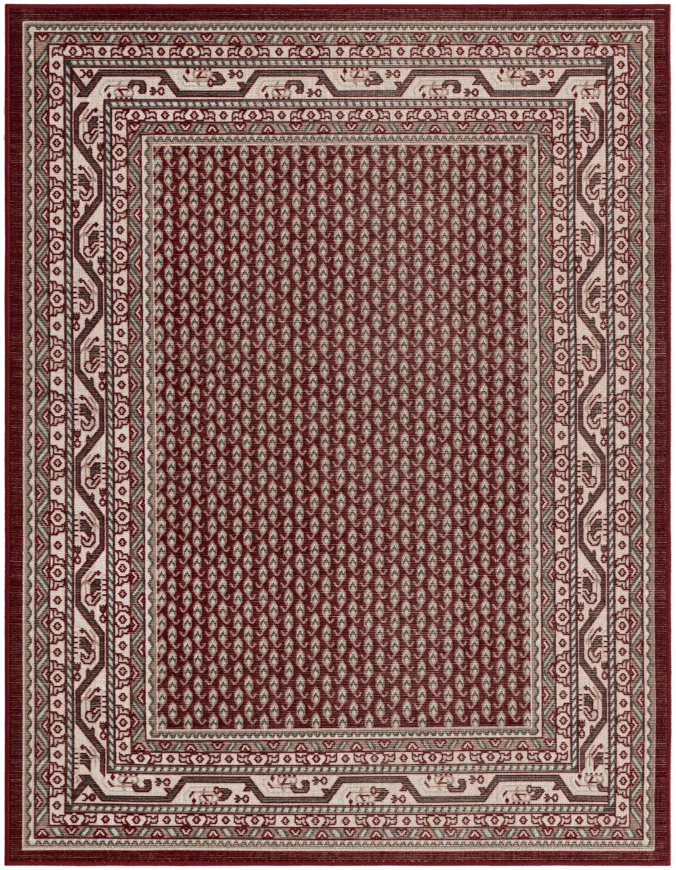 A 4x6 rectangular Southwestern rug in deep red with a detailed light beige and gray border, featuring tribal patterns.