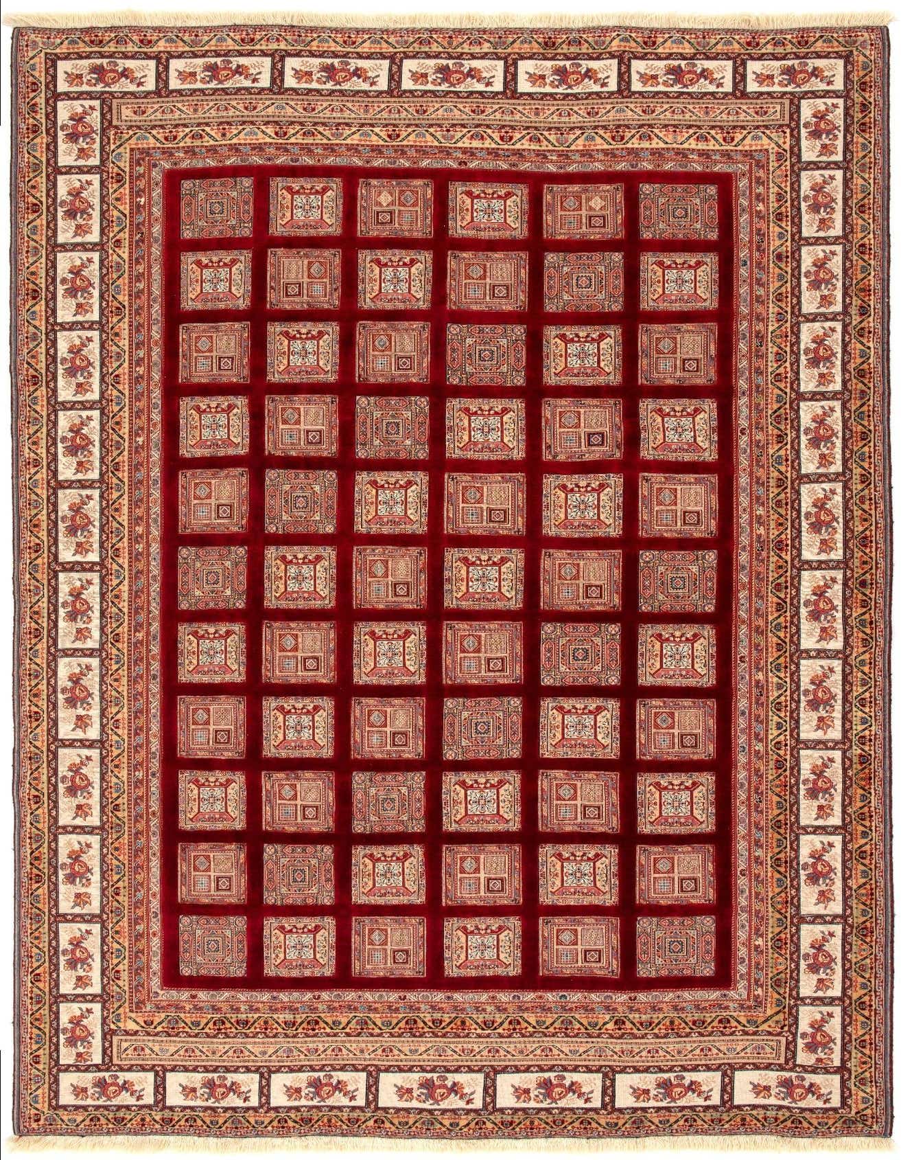 A rectangular 8x11 Sumak Kilim wool rug with a rich red field and intricate tribal, Persian, and Oriental patterns.
