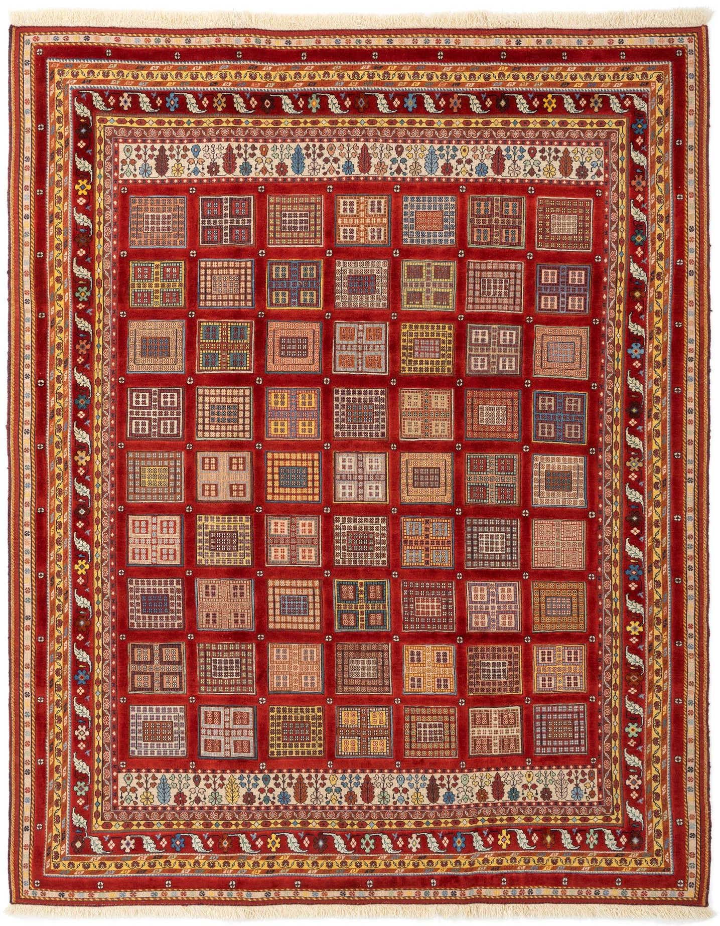 A 7x10 rectangular red Persian tribal wool rug featuring an intricate grid of multicolored square motifs and detailed borders.
