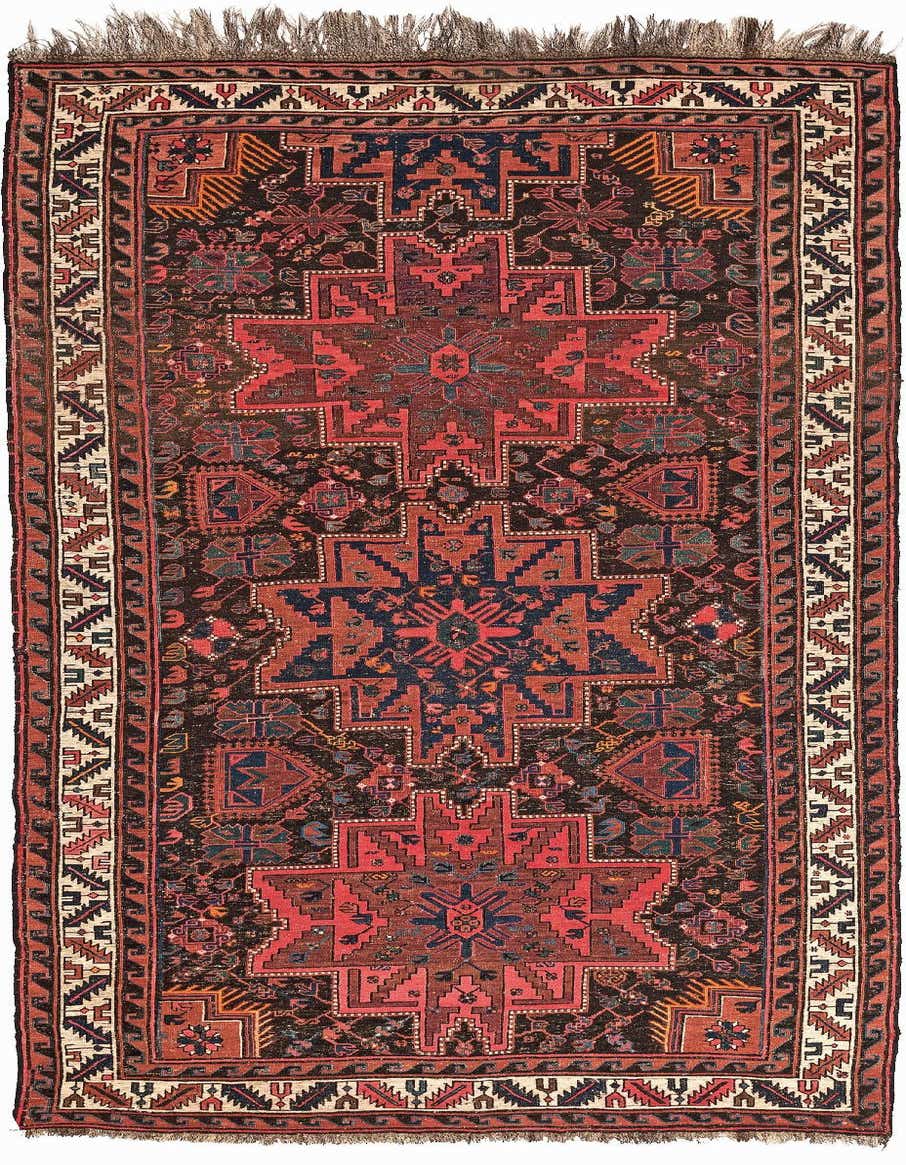 A 4x6 rectangular Sumak rug with a traditional pattern in shades of red, navy, and black, featuring intricate geometric motifs and a decorative border.