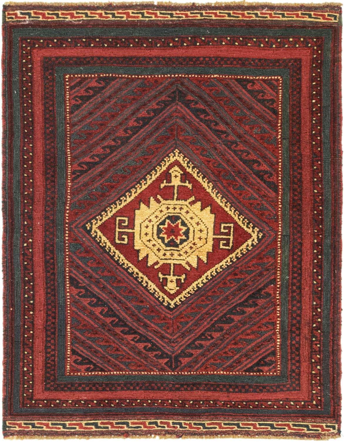 A 3x4 rectangular Sumak rug with a central gold medallion on a deep red field, surrounded by tribal patterns and a dark border.