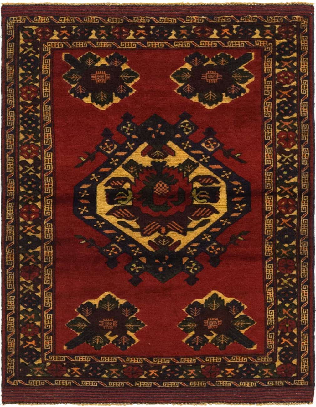 A 3x4 rectangular Sumak rug in deep red with a central tribal medallion and floral motifs, handmade from wool.